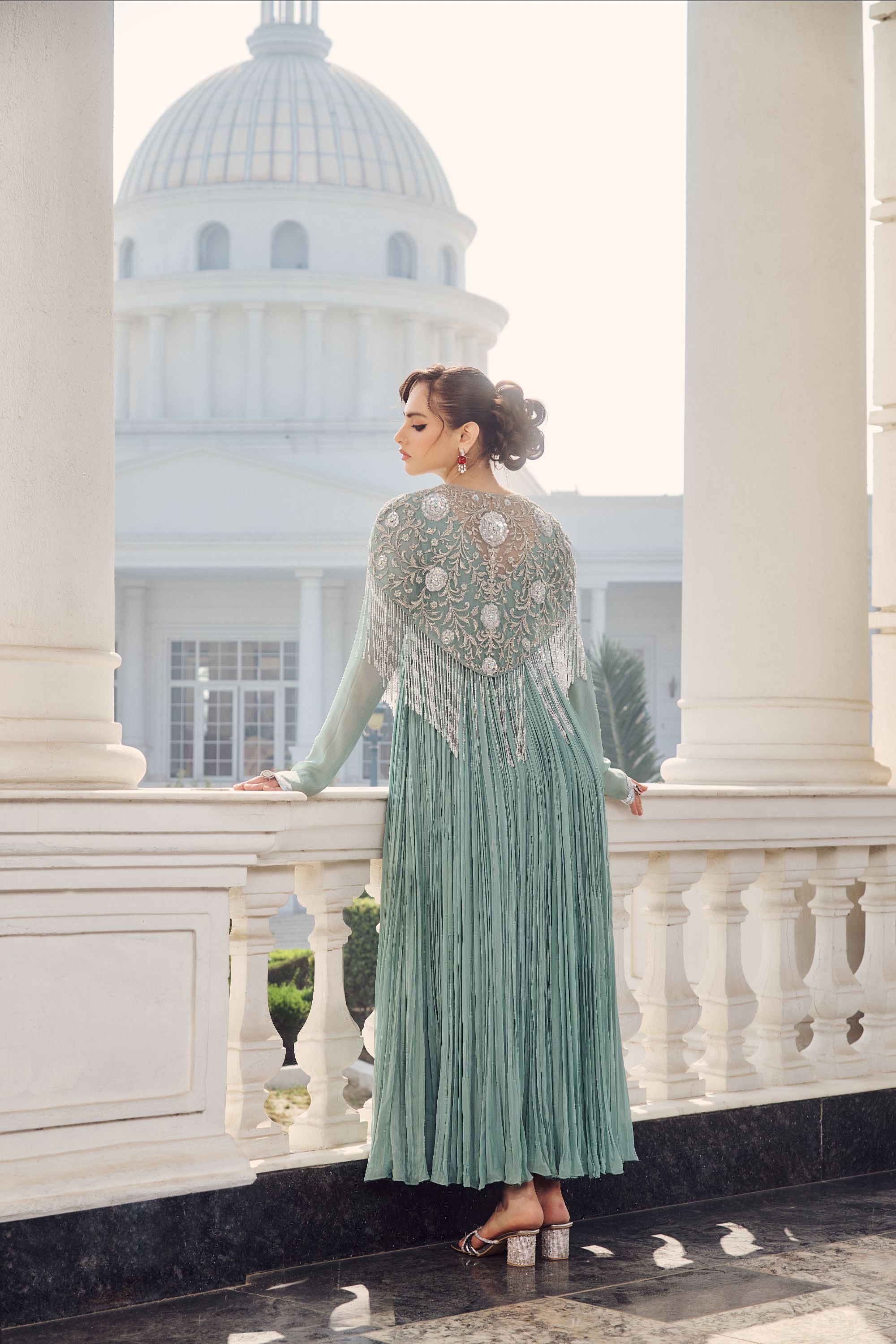 Hand Embelished Rushing Anarkali and Cape