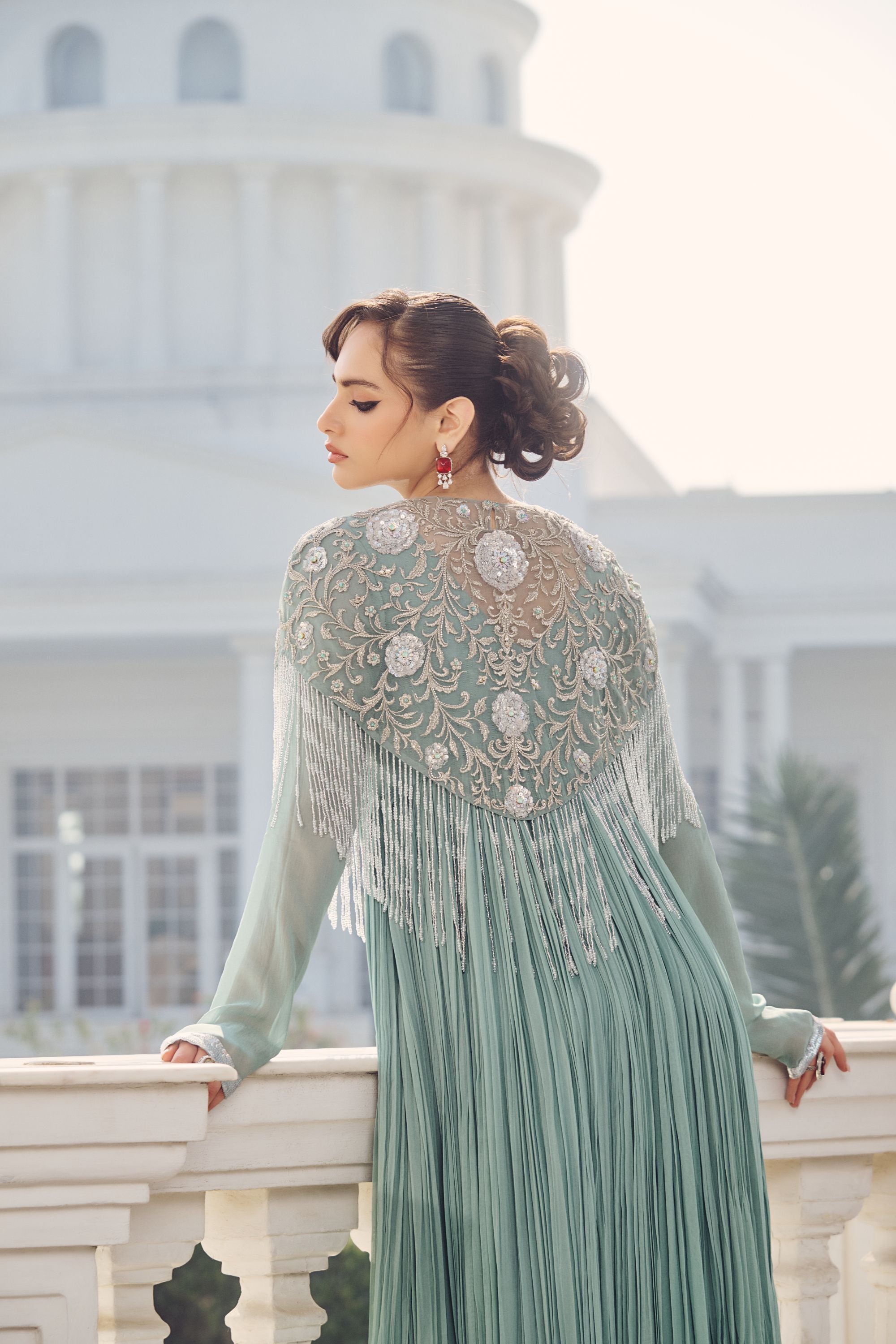 Hand Embelished Rushing Anarkali and Cape