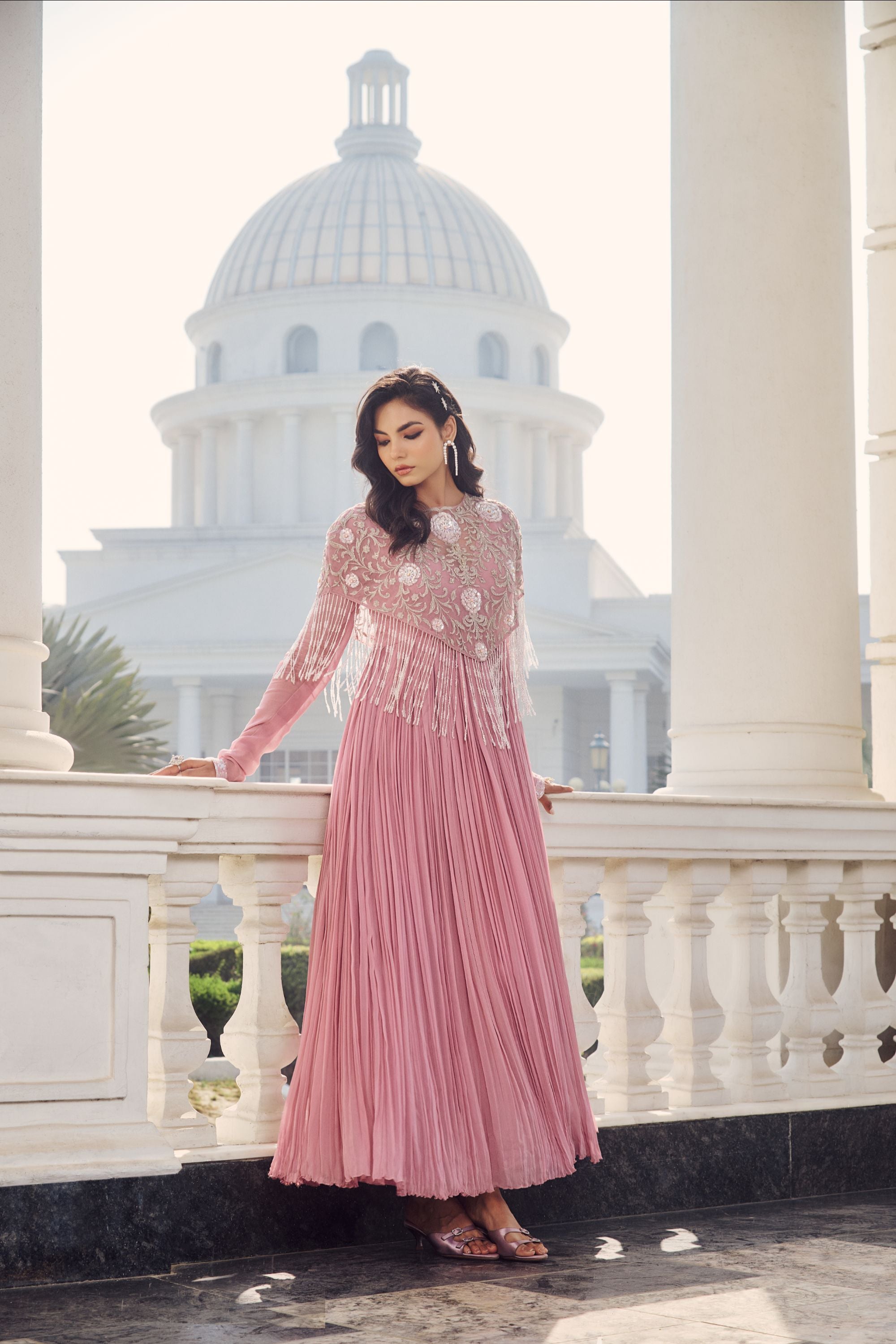 Hand Embelished Rushing Anarkali and Cape