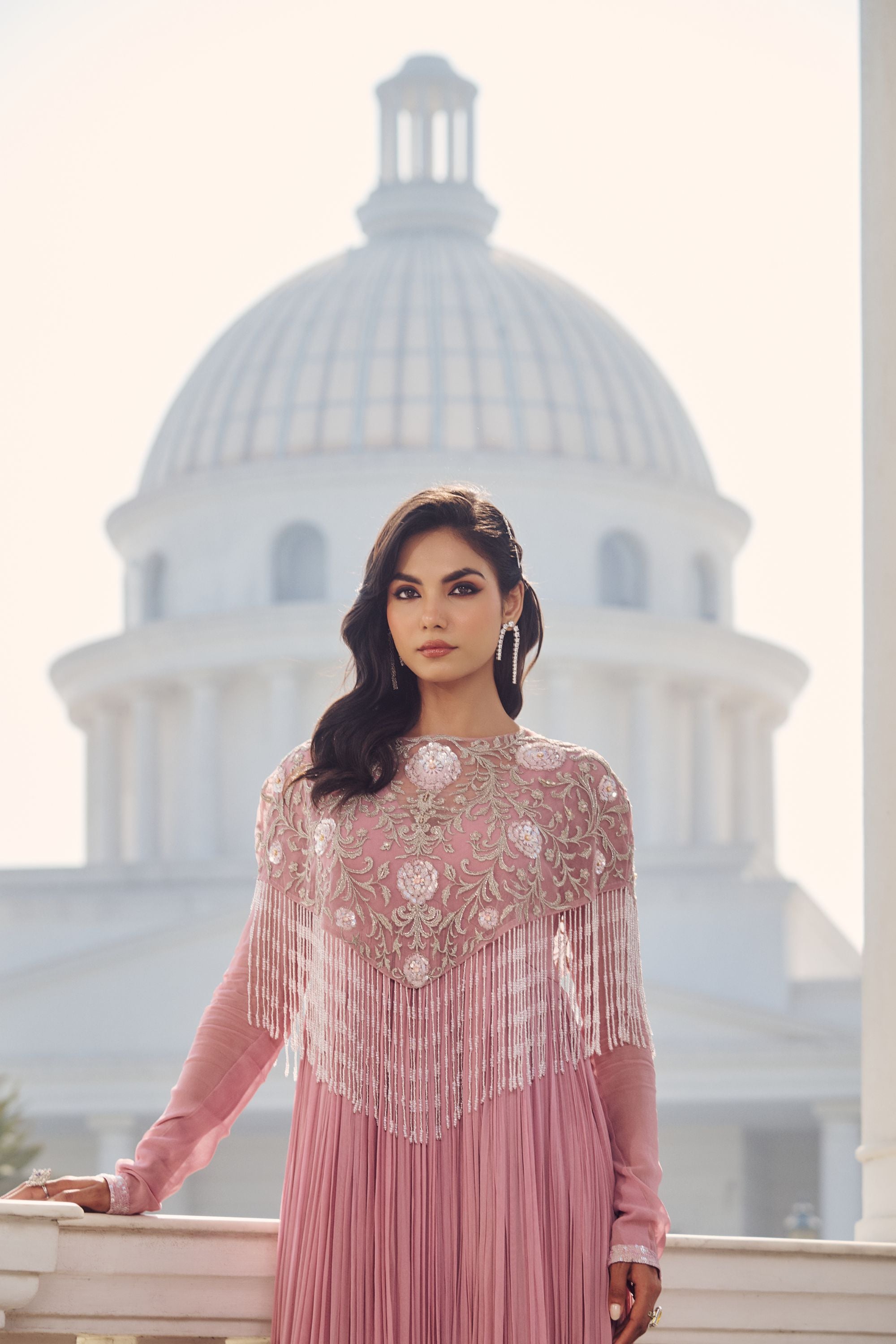 Pink Hand Embroidered Rushing Anarkali and Cape