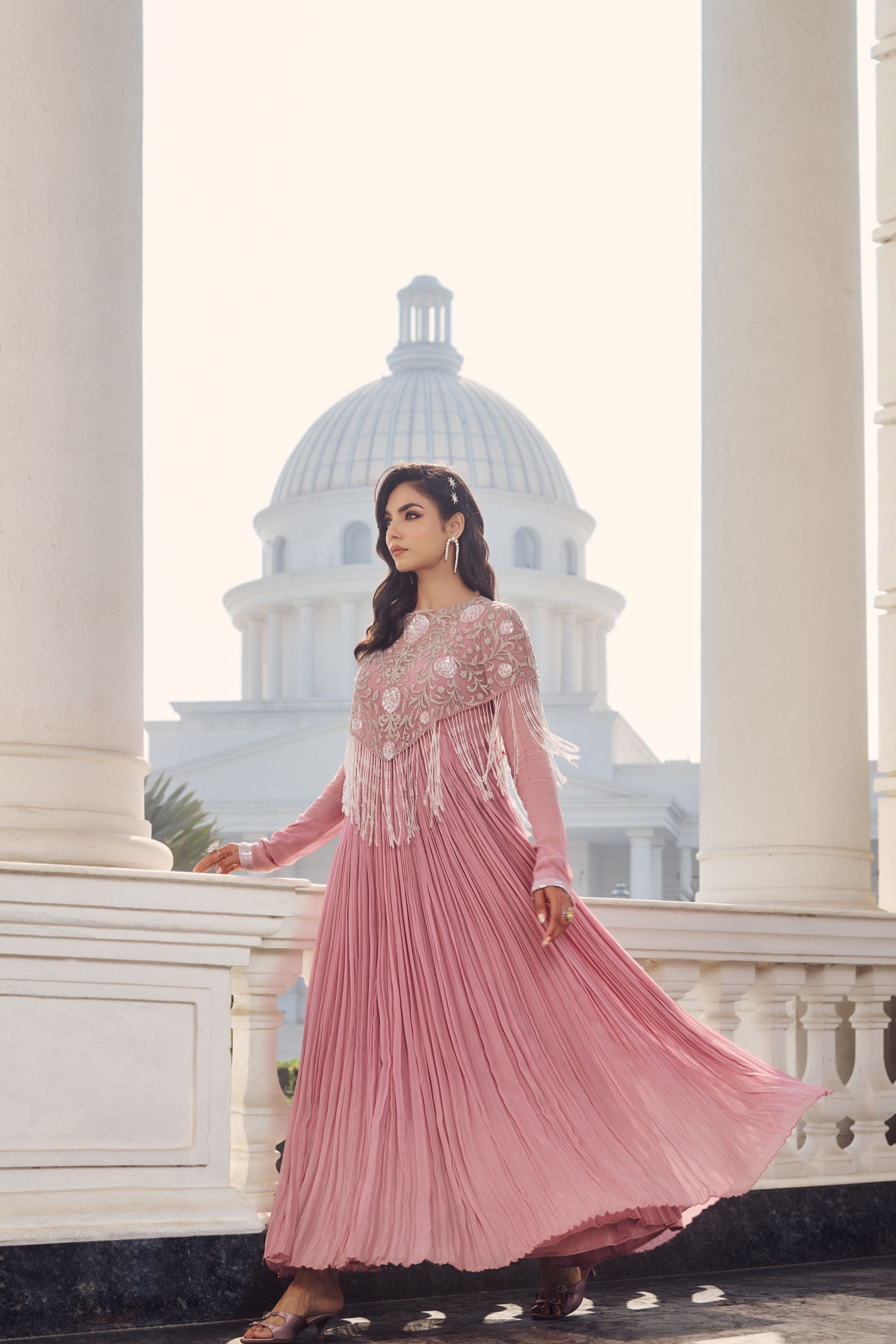 Pink Hand Embroidered Rushing Anarkali and Cape