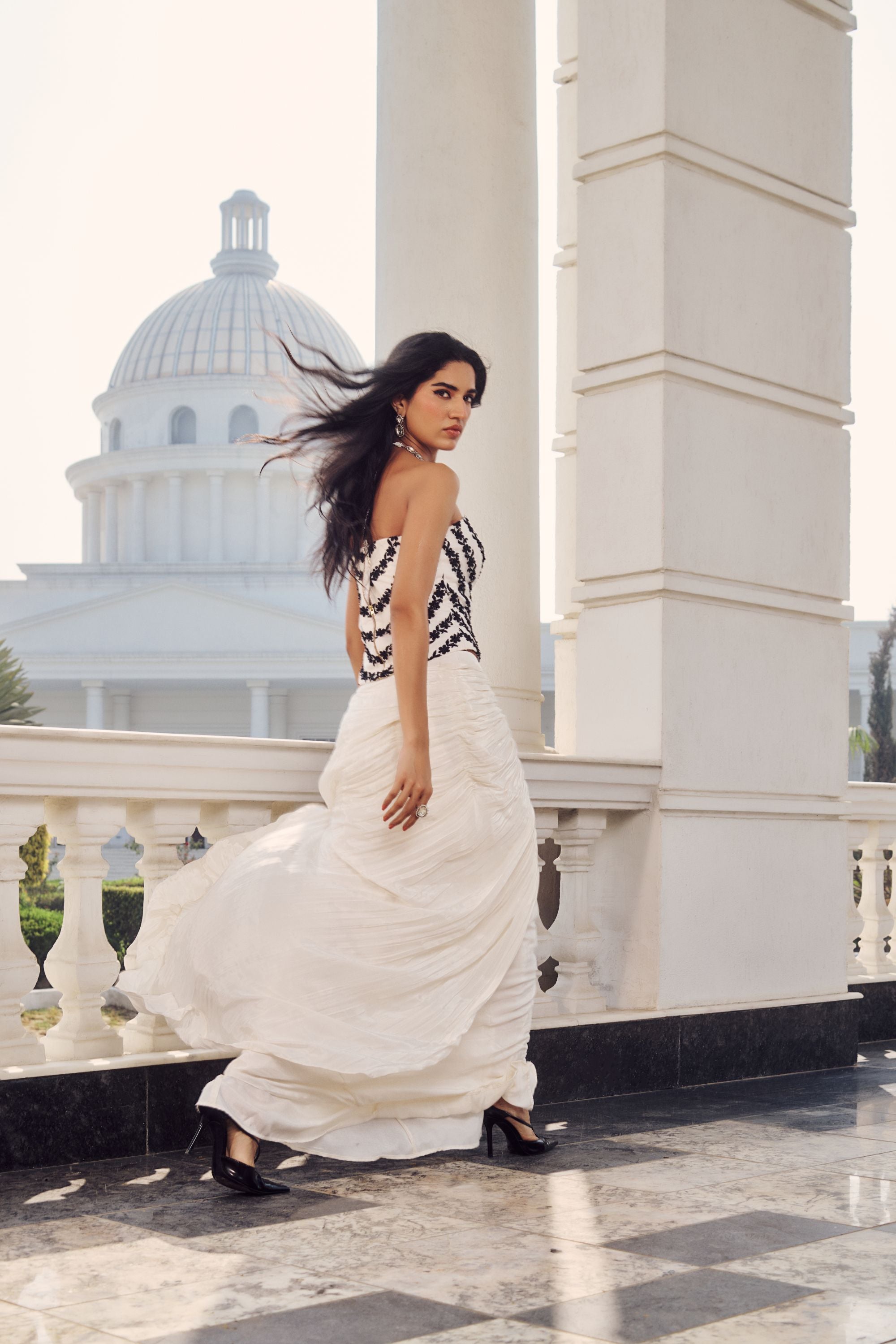 Hand Embelished Corset with Draped Skirt