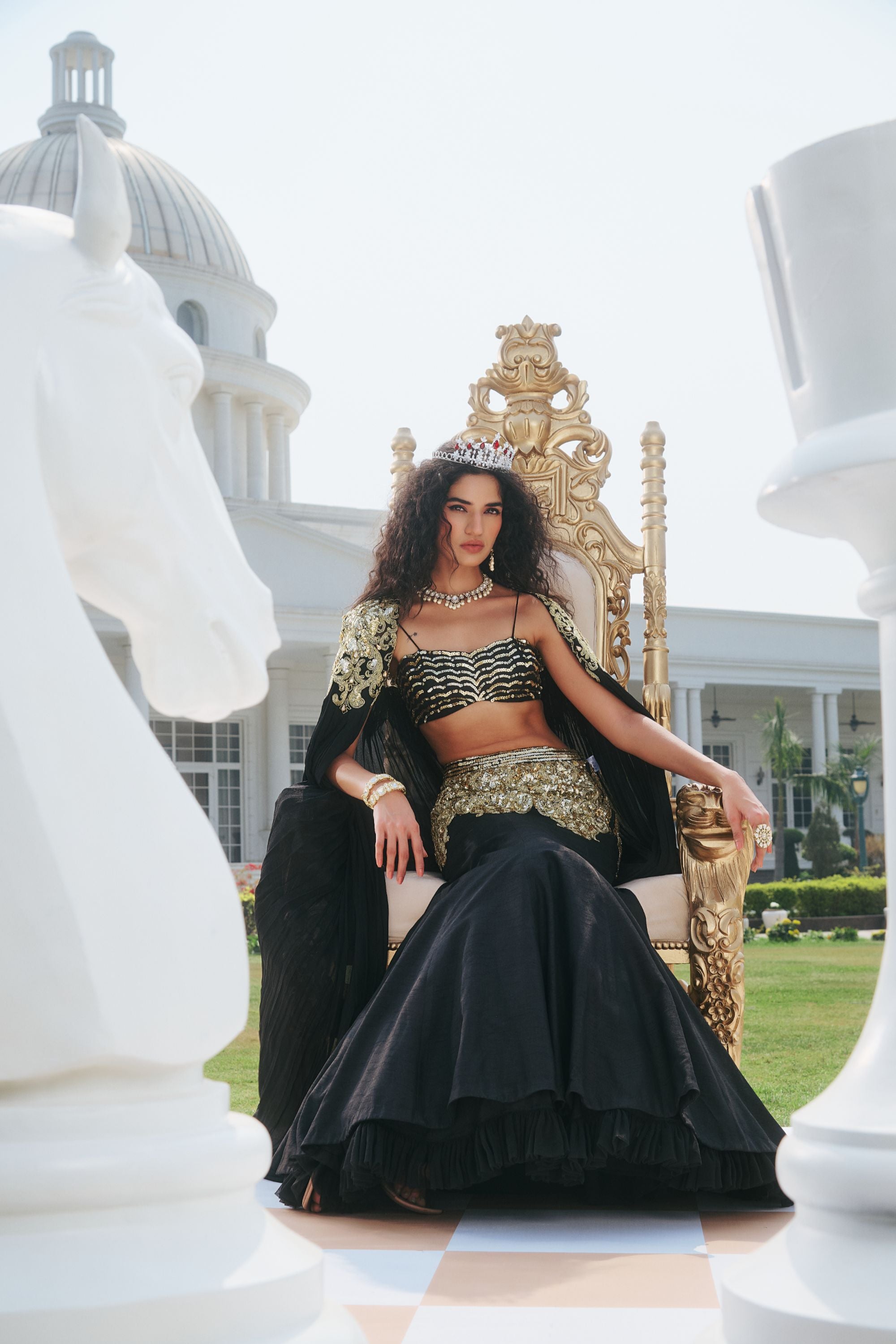 Hand Embelished and Dori-work Cape with Bustier and Fishcut Lehenga