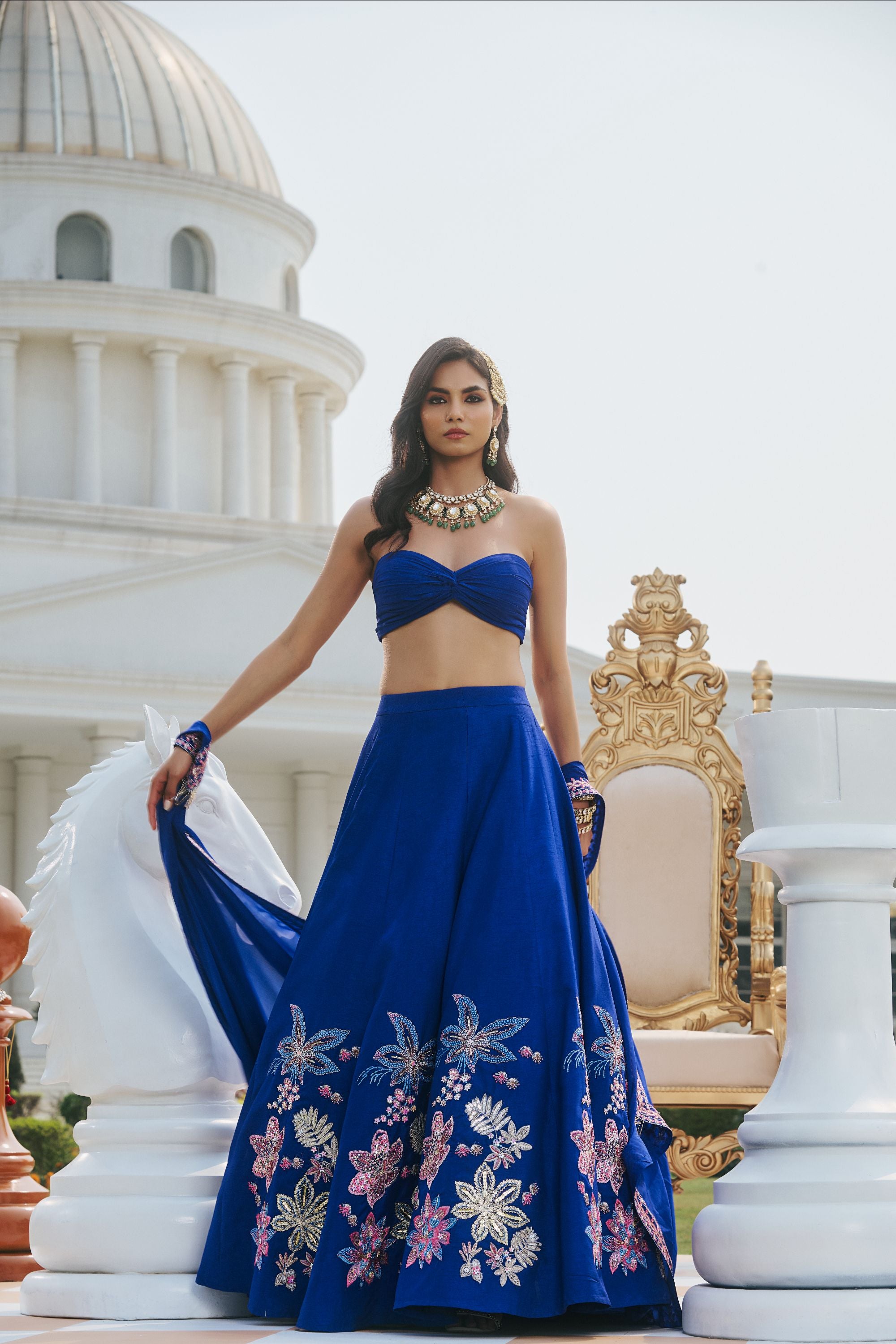 Hand Embellished Lehenga with Twisted Bustier and Dupatta - Deep Blue