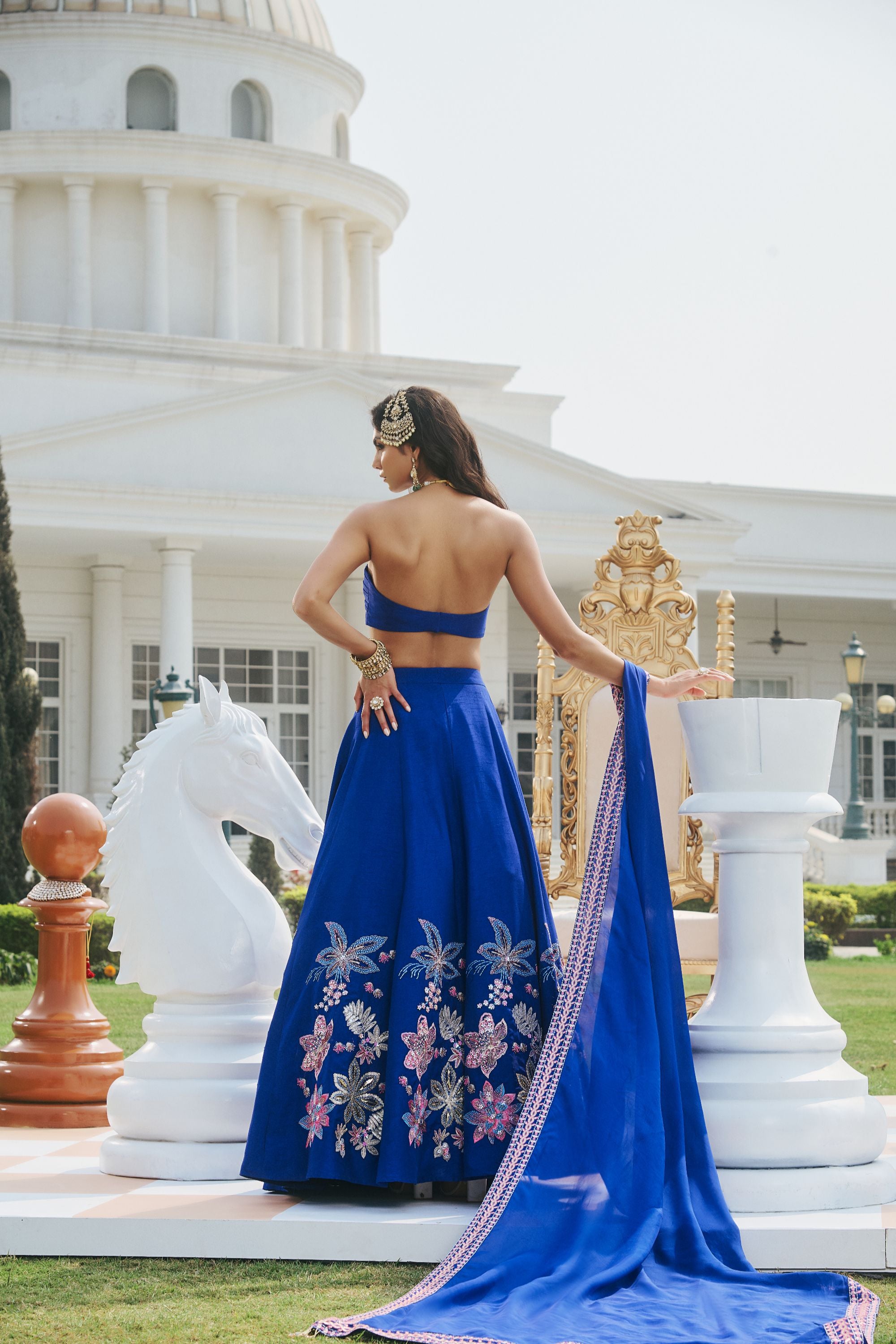 Hand Embellished Lehenga with Twisted Bustier and Dupatta - Deep Blue