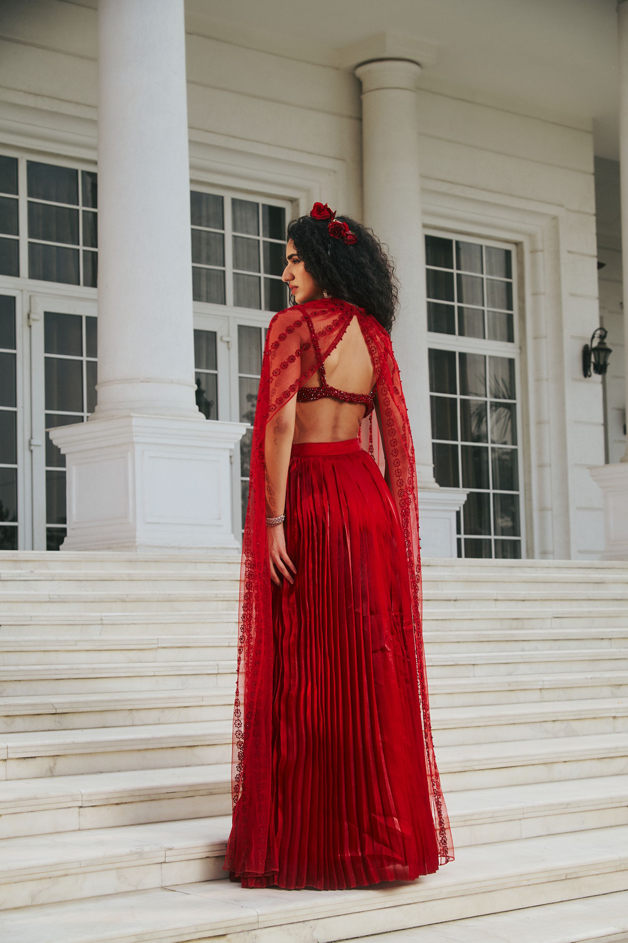 Royal Red Hand-Embroidered Butterfly Bustier and Pleated Lehenga
