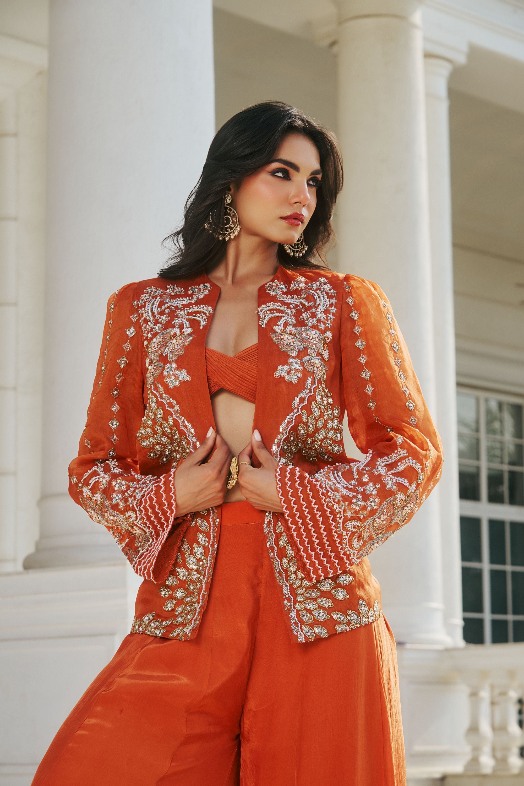 Hand Embellished Jacket with Shahrara and Twisted Bralet - Autumn Orange