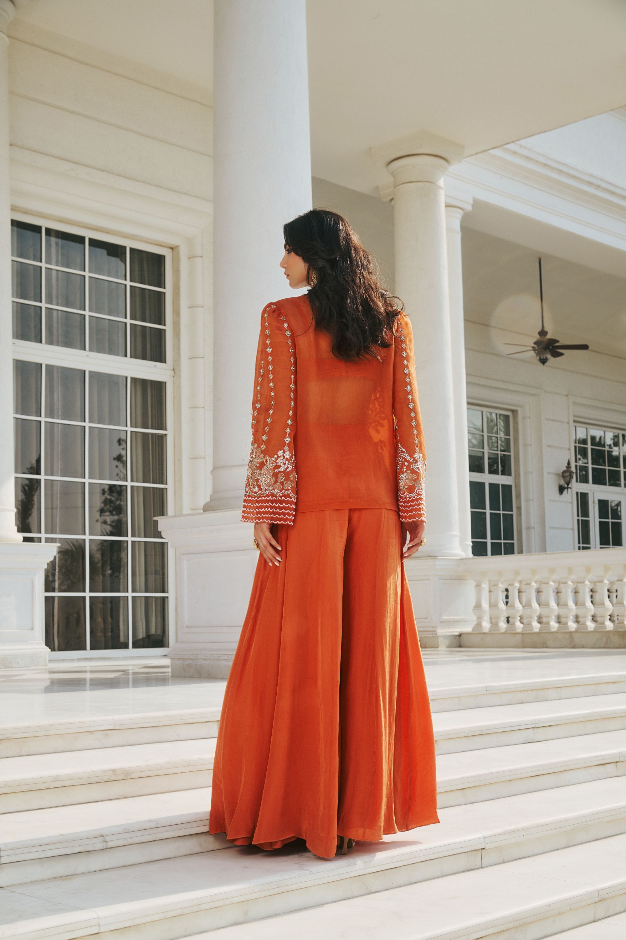 Hand Embellished Jacket with Shahrara and Twisted Bralet - Autumn Orange