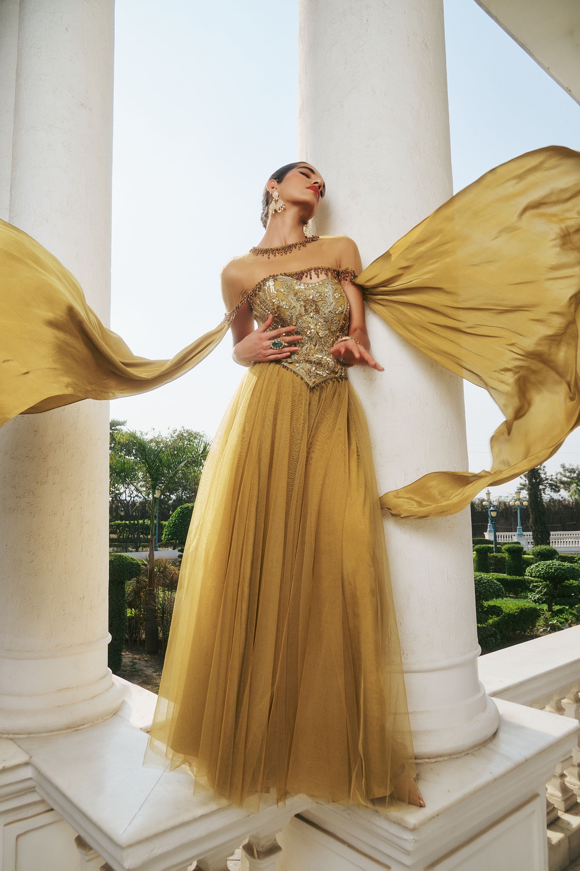 Olive Hand Embroidered and Dori-Work Anarkali with Cape