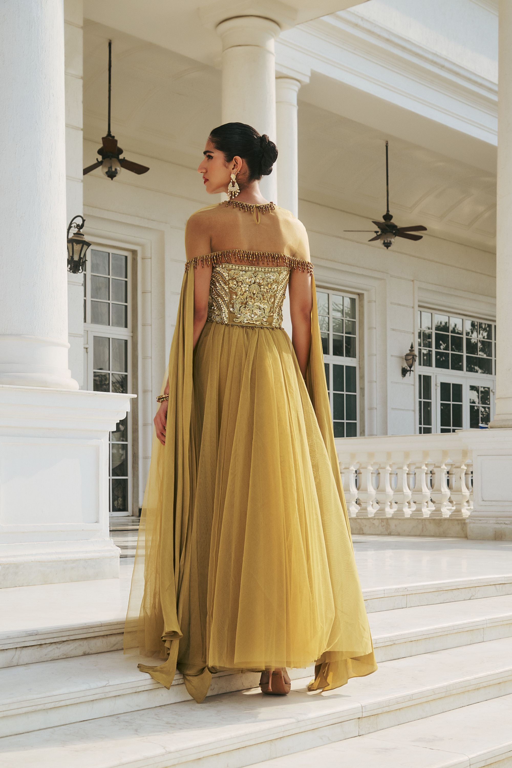 Olive Hand Embroidered and Dori-Work Anarkali with Cape