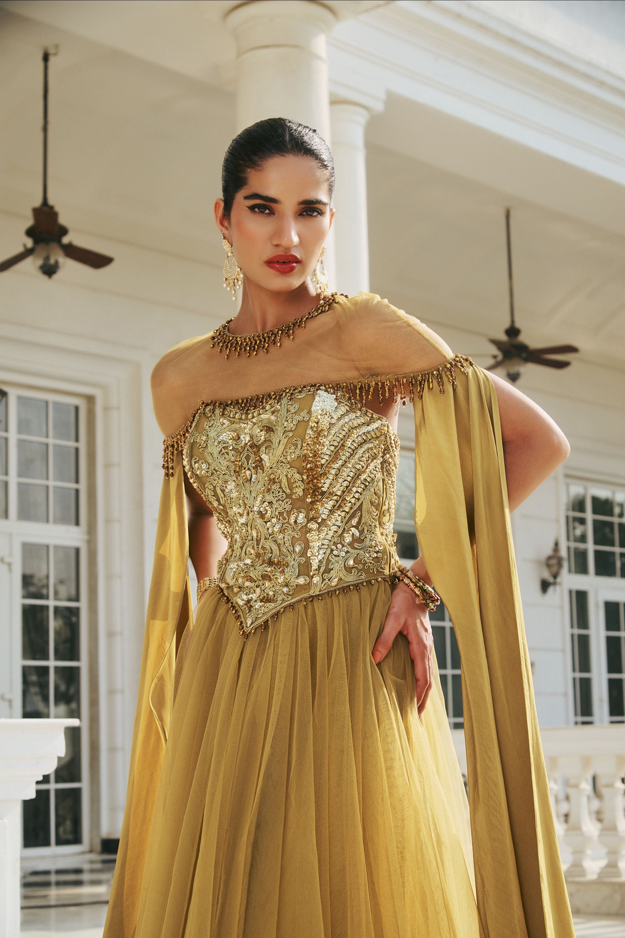 Olive Hand Embroidered and Dori-Work Anarkali with Cape