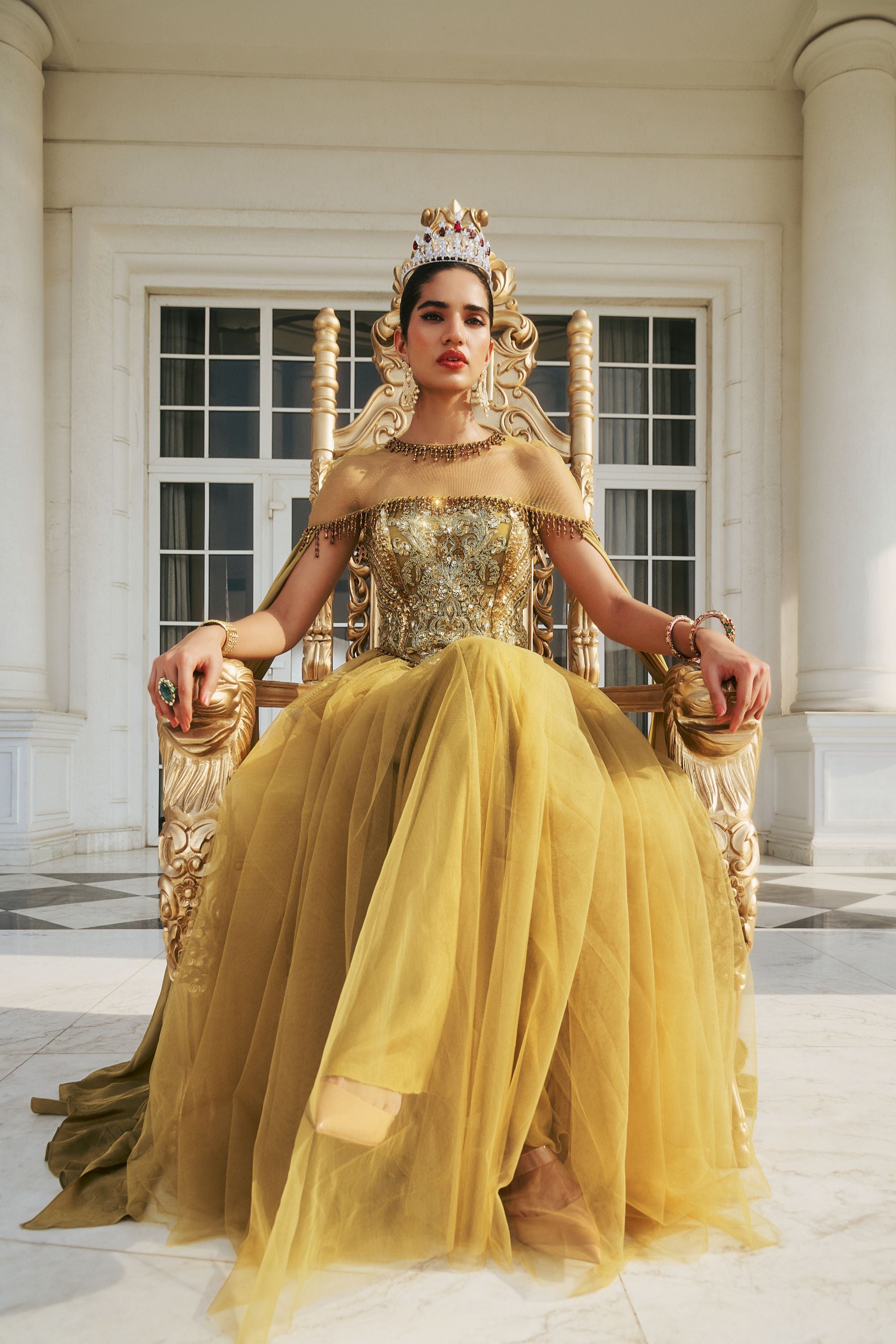 Olive Hand Embroidered and Dori-Work Anarkali with Cape