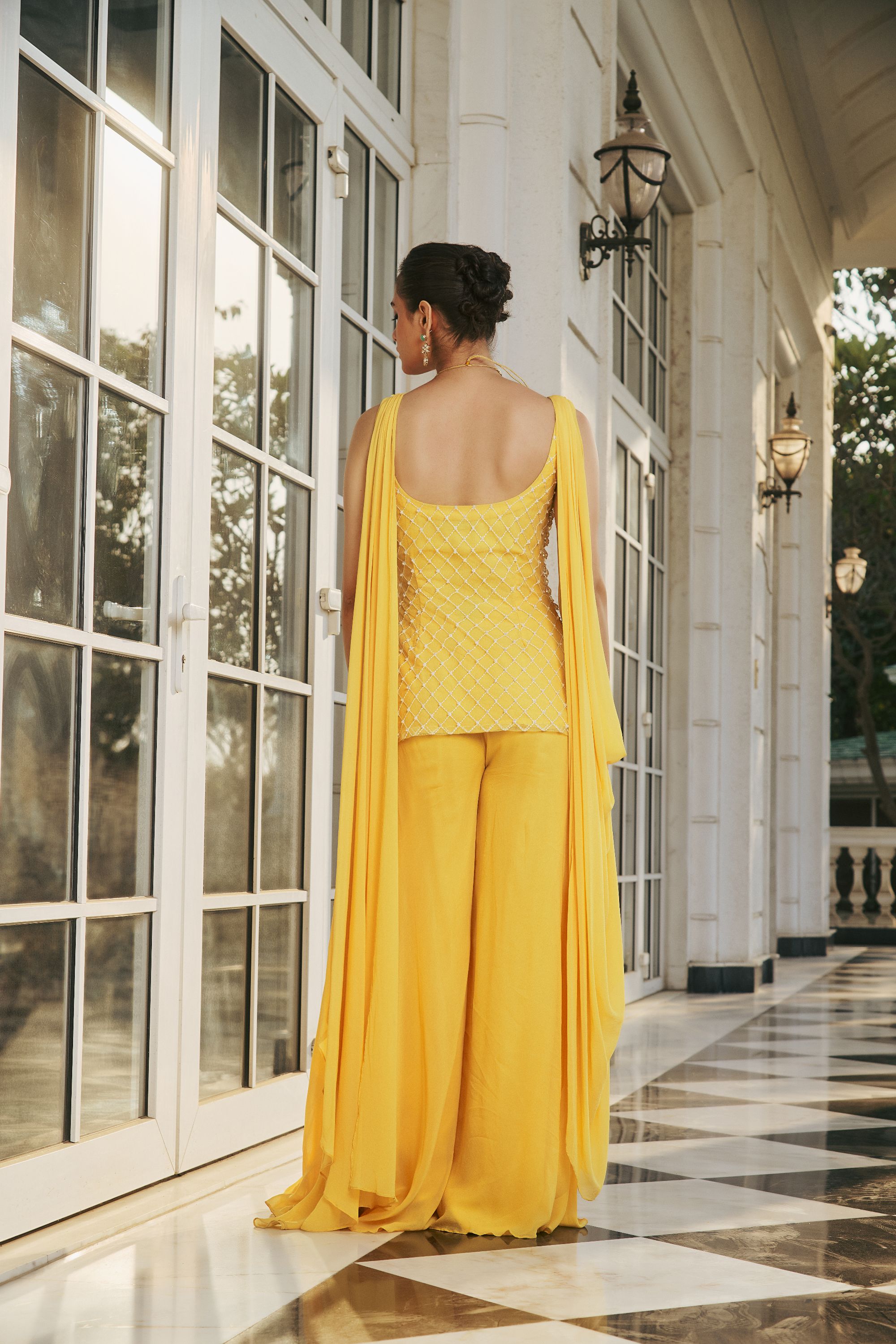 Hand-Embroidered Glass Pearls Draped Kurta with Fluid Trousers