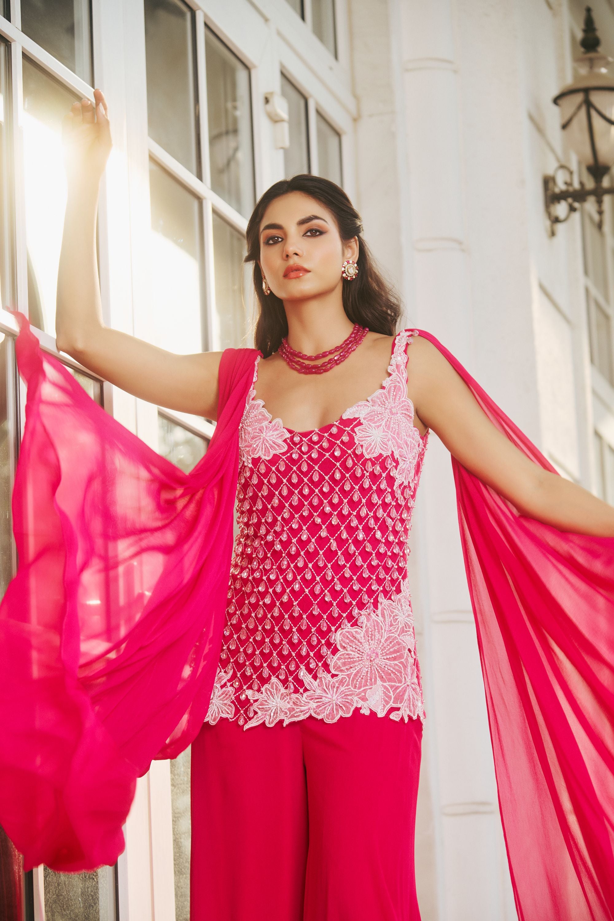 Hand-Embroidered Glass Pearls Draped Kurta with Fluid Trousers