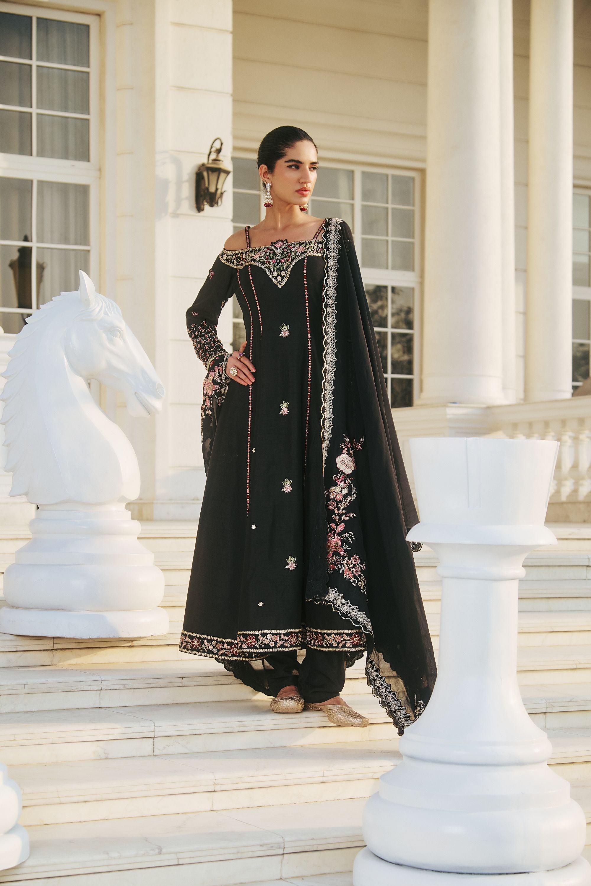 Hand Embroidered Off Shoulder Anarkali with Scallop Dupatta - Black