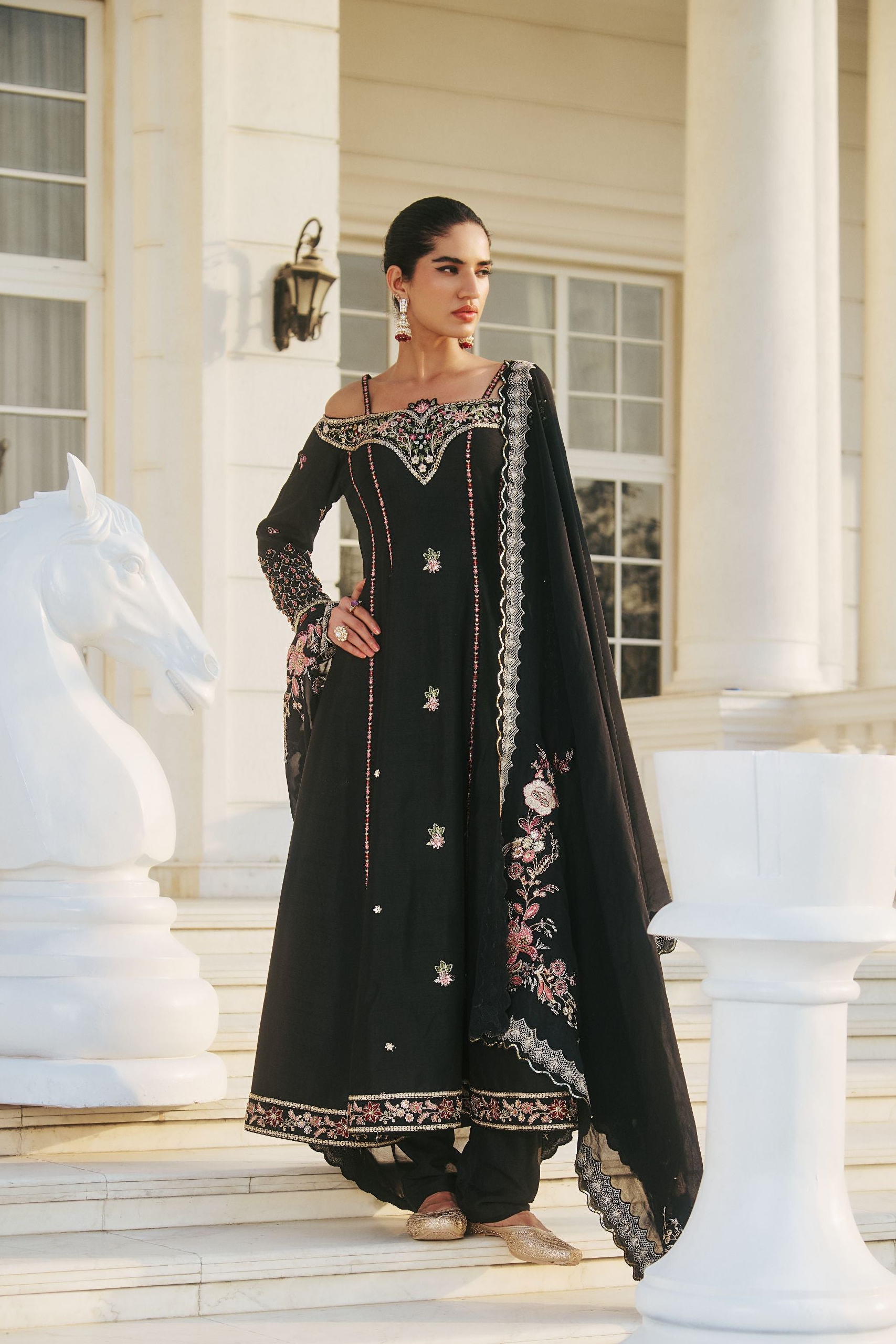 Hand Embroidered Off Shoulder Anarkali with Scallop Dupatta - Black