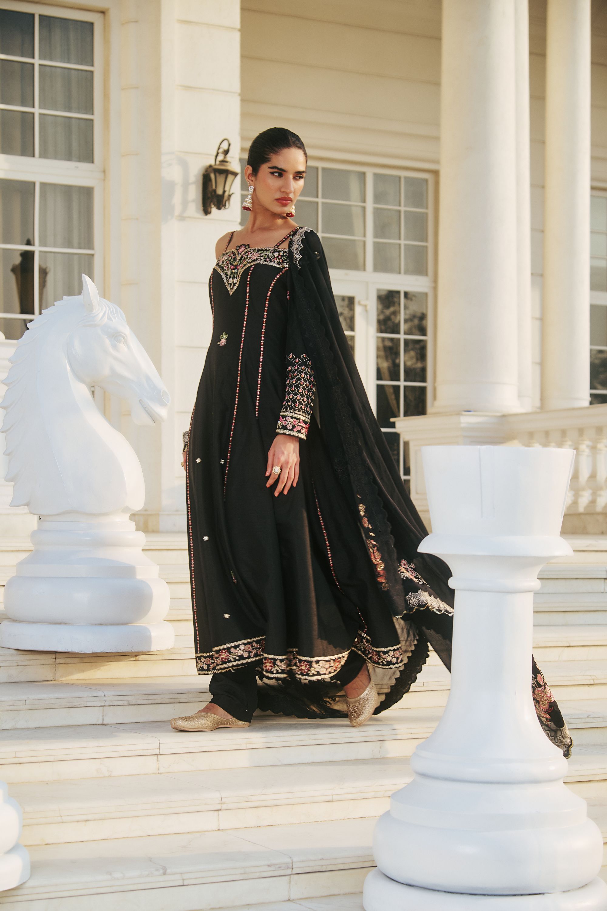 Hand Embroidered Off Shoulder Anarkali with Scallop Dupatta - Black
