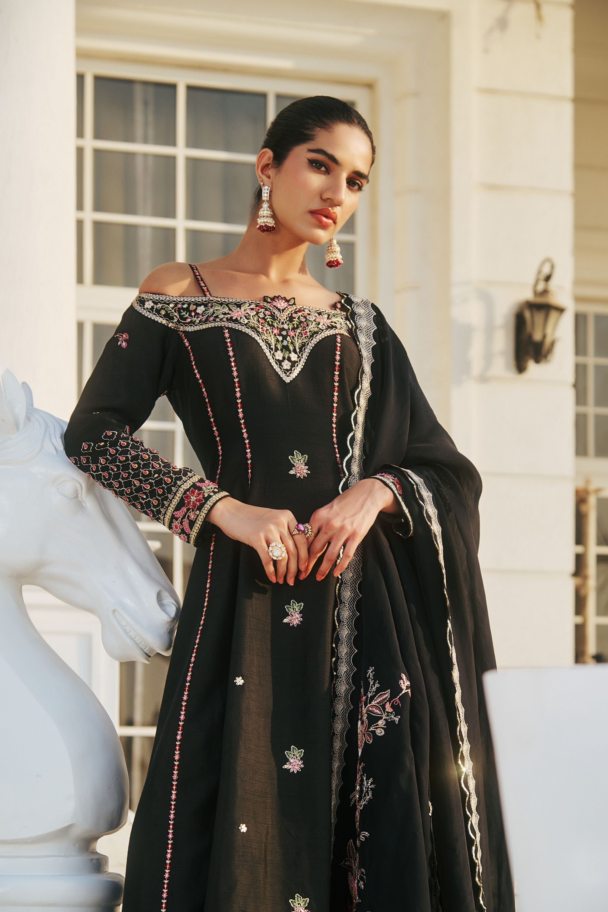 Hand Embroidered Off Shoulder Anarkali with Scallop Dupatta - Black