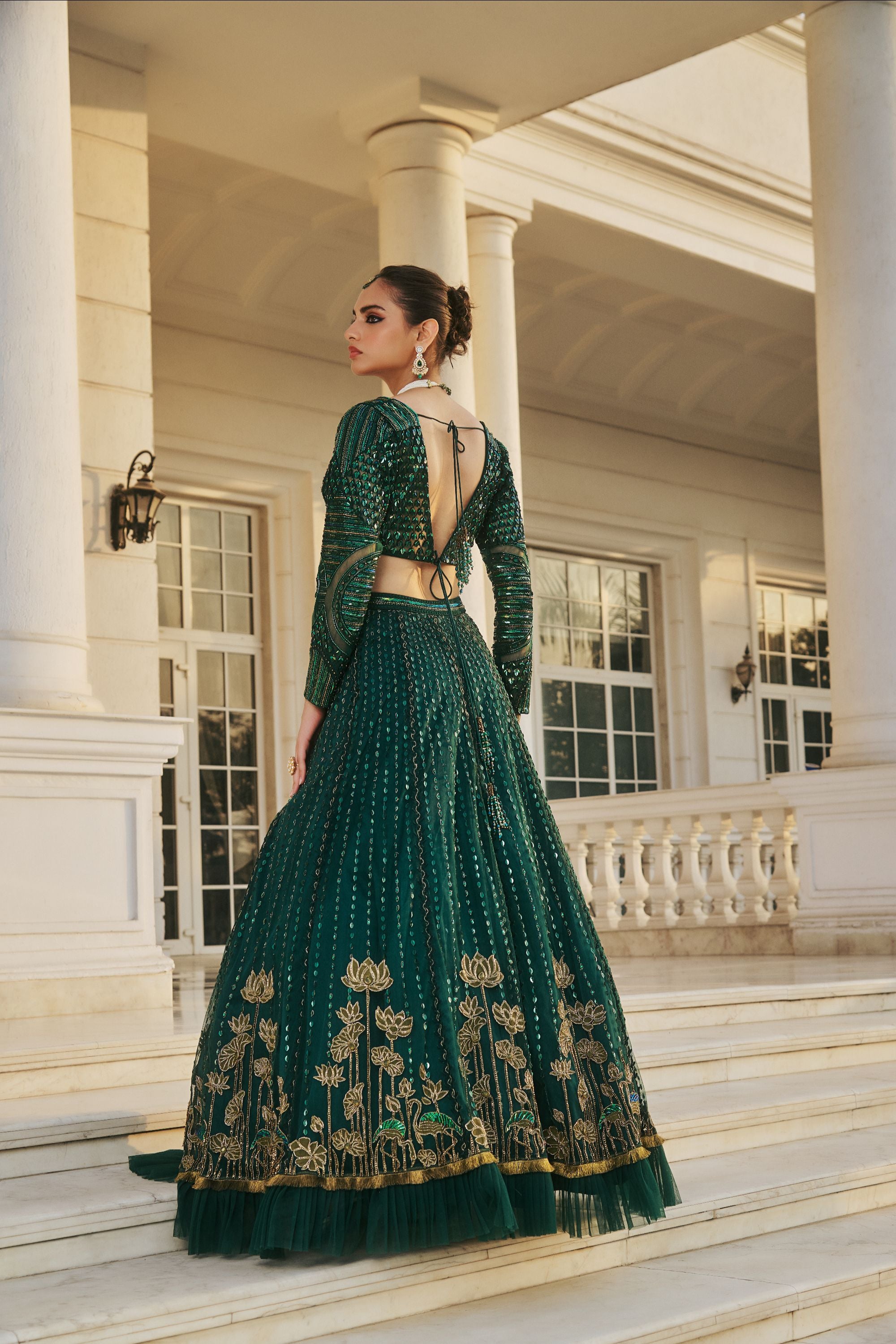 Emerald Green Hand Embroidered Lehenga with Rich Embelishments
