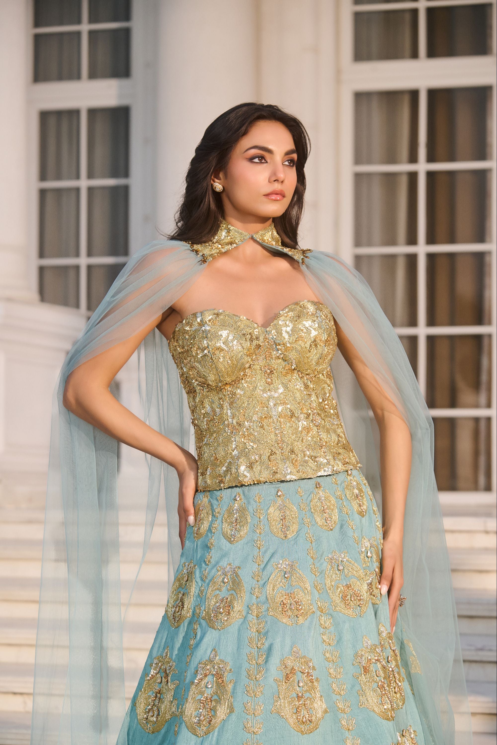 Aqua Blue Hand Embroidered and Dori-work Corset with Lehenga