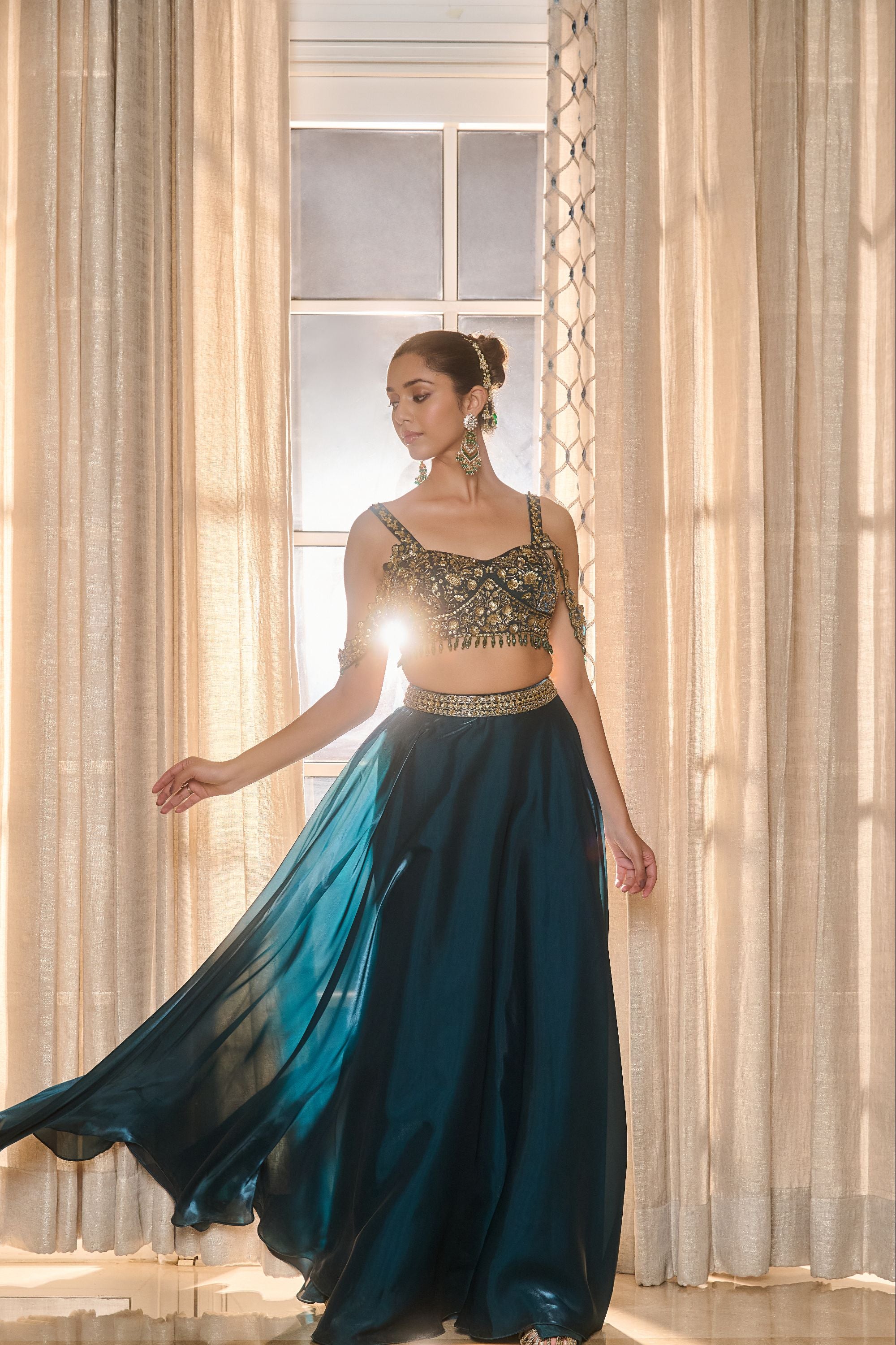 Hand Embroidered Lehenga with Dupatta - Emrald Green