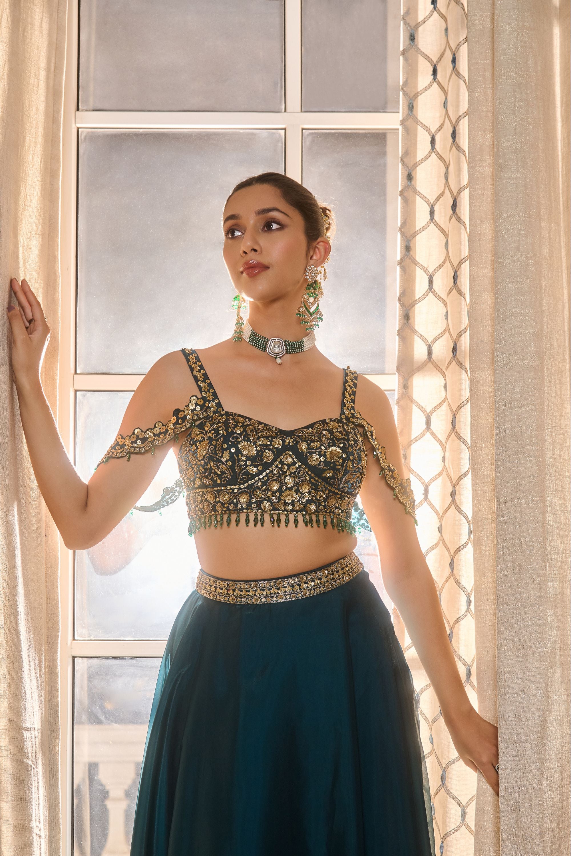 Hand Embroidered Lehenga with Dupatta - Emrald Green