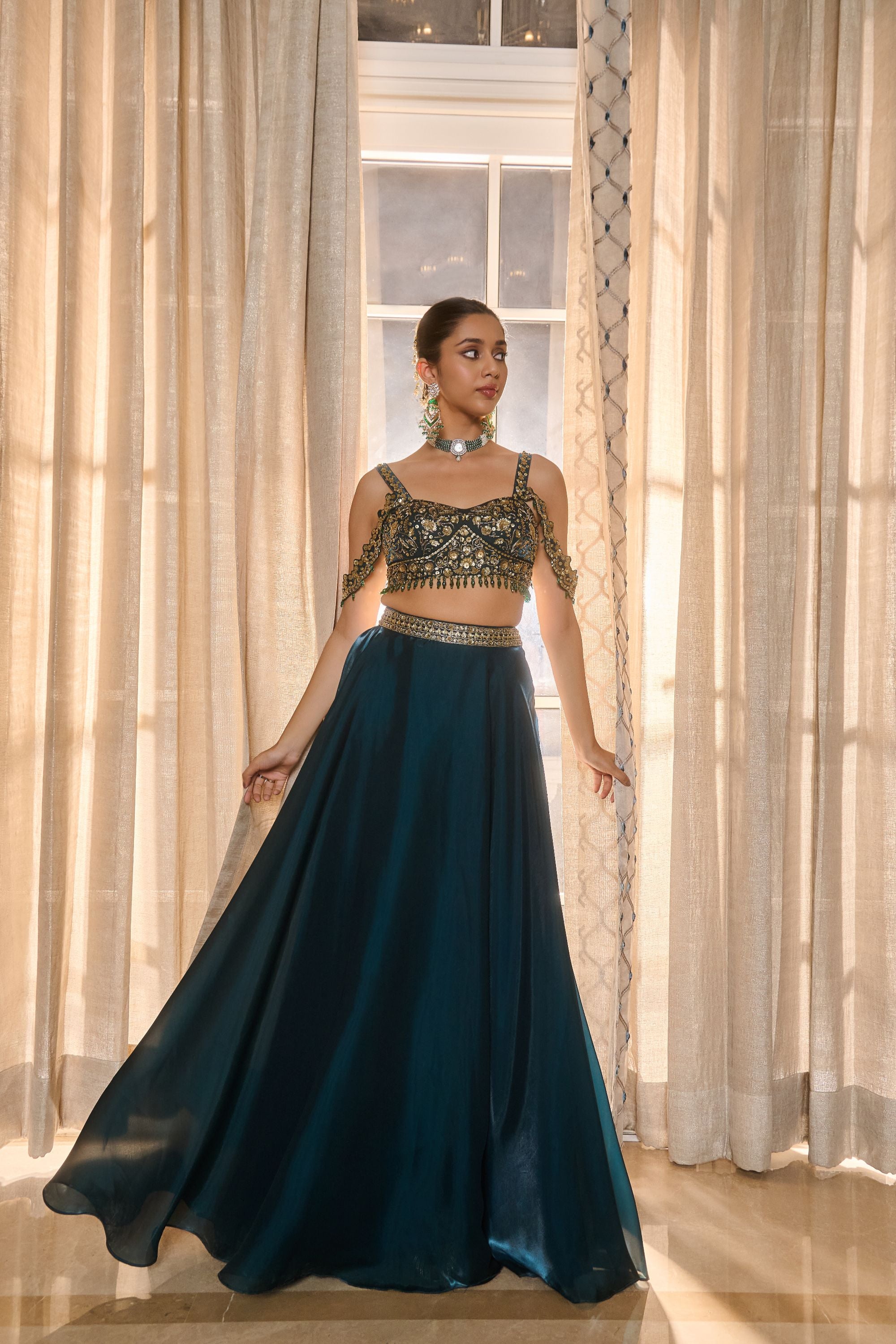 Hand Embroidered Lehenga with Dupatta - Emrald Green
