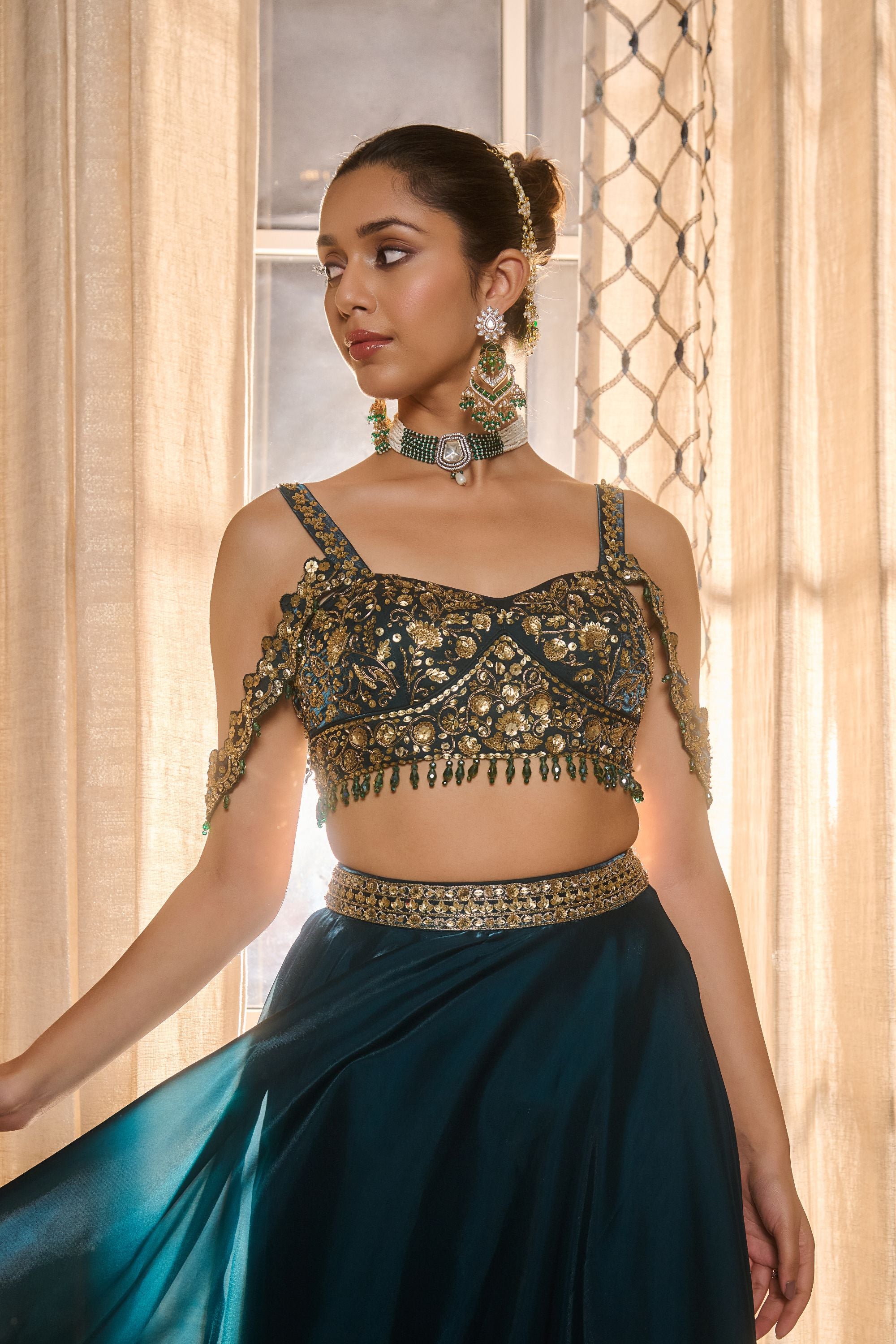 Hand Embroidered Lehenga with Dupatta - Emrald Green