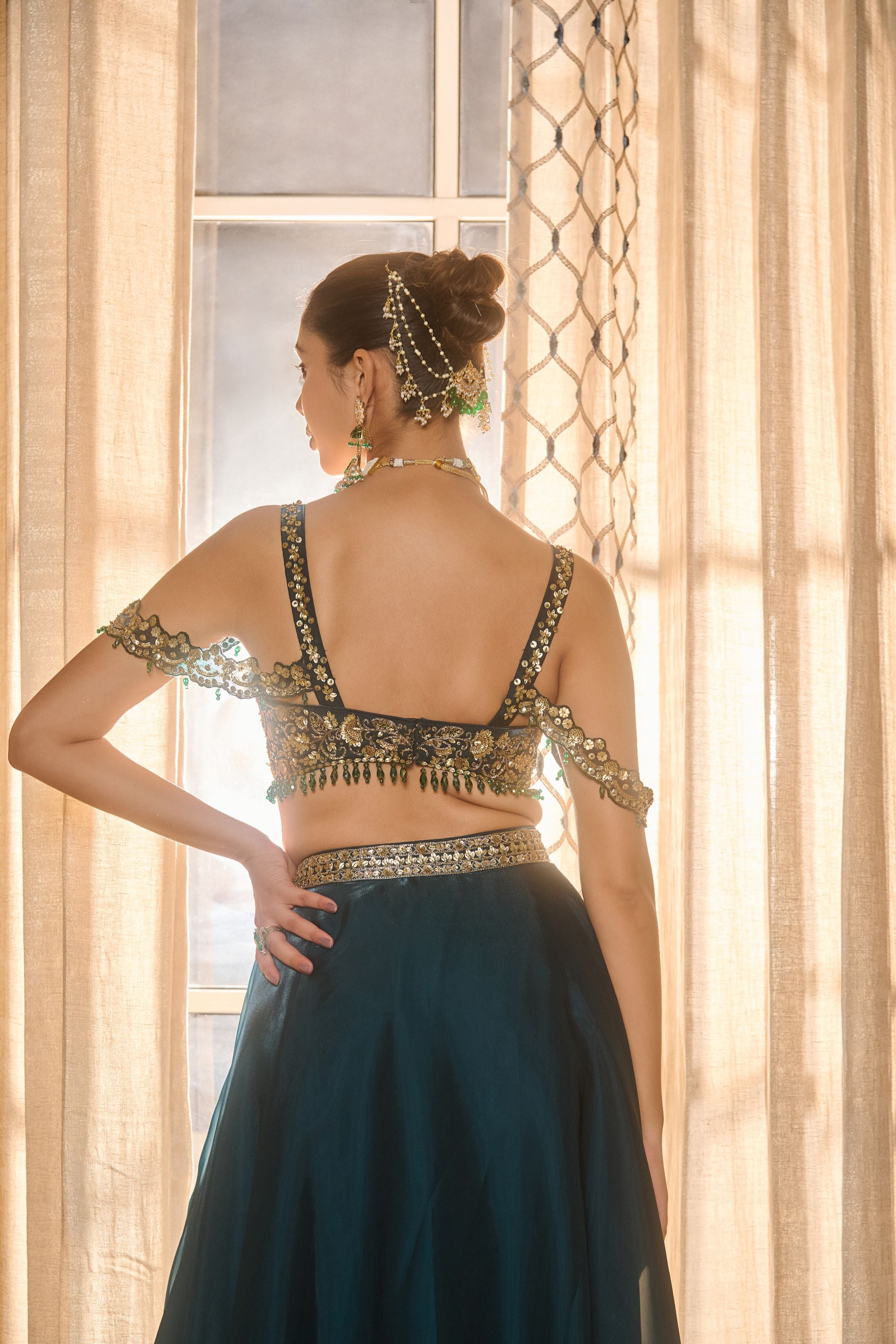 Hand Embroidered Lehenga with Dupatta - Emrald Green