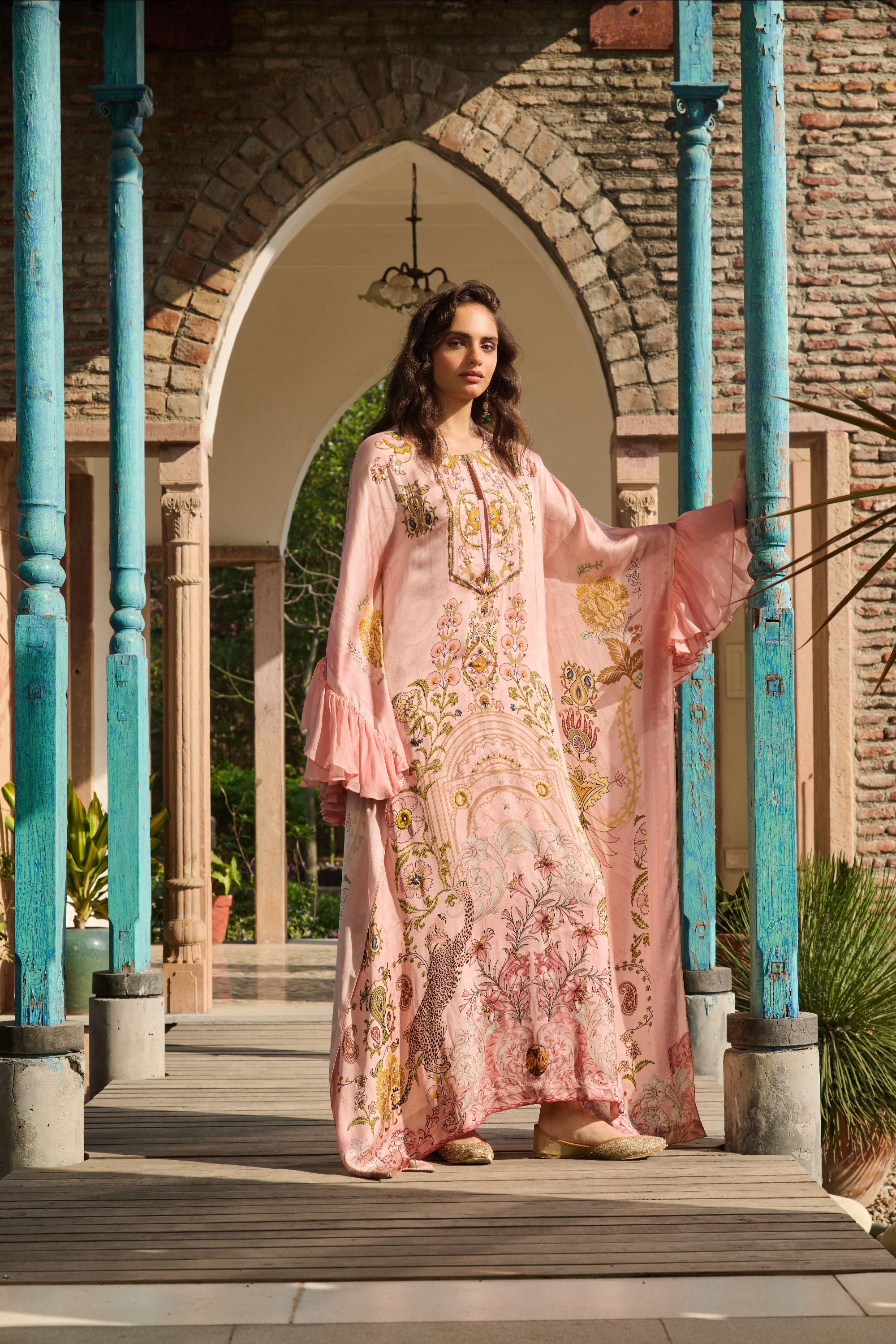 Hand Embelished Suzani Printed Kaftan with Slip