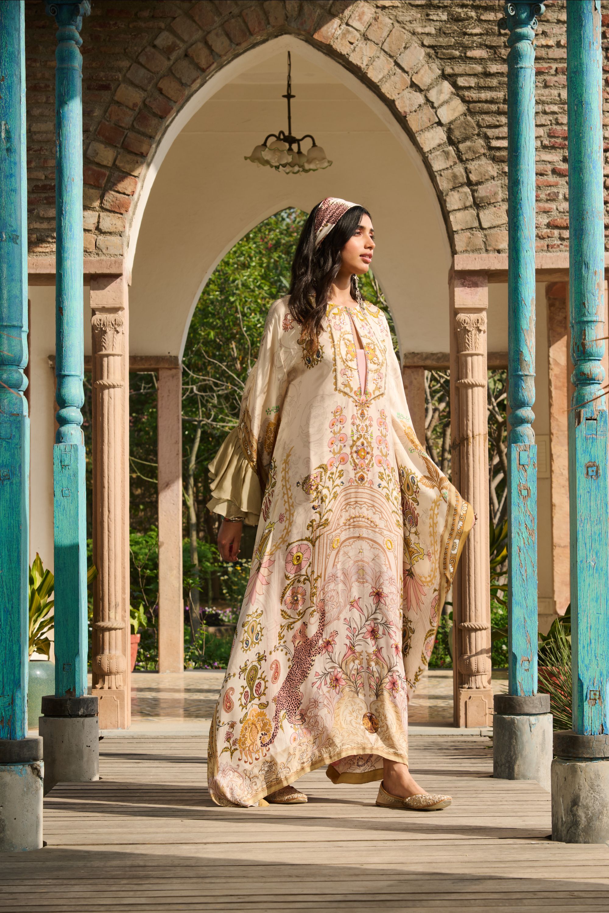 Hand Embelished Suzani Printed Kaftan with Slip