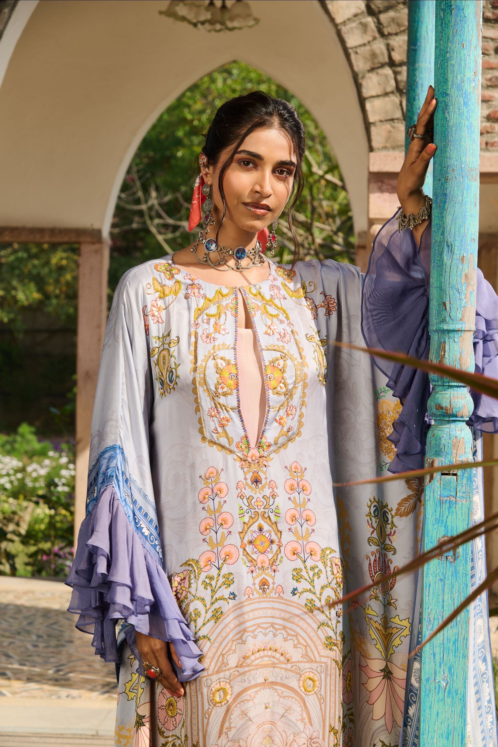 Hand Embelished Suzani Printed Kaftan with Slip