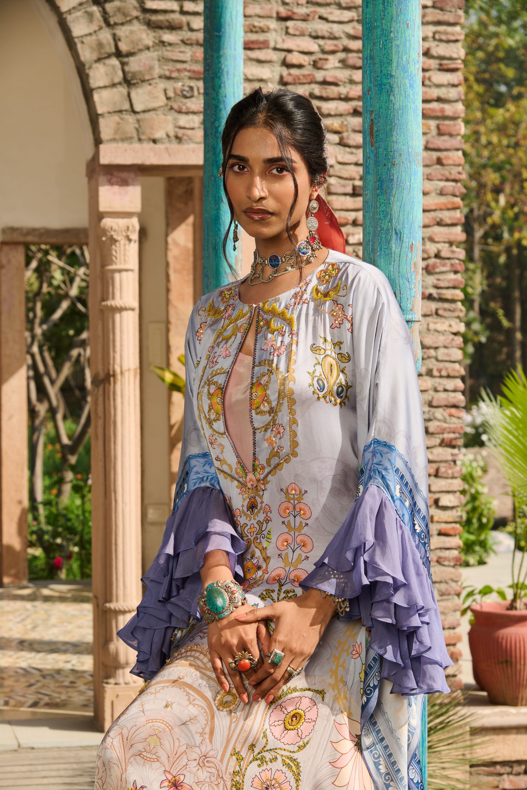 Hand Embelished Suzani Printed Kaftan with Slip