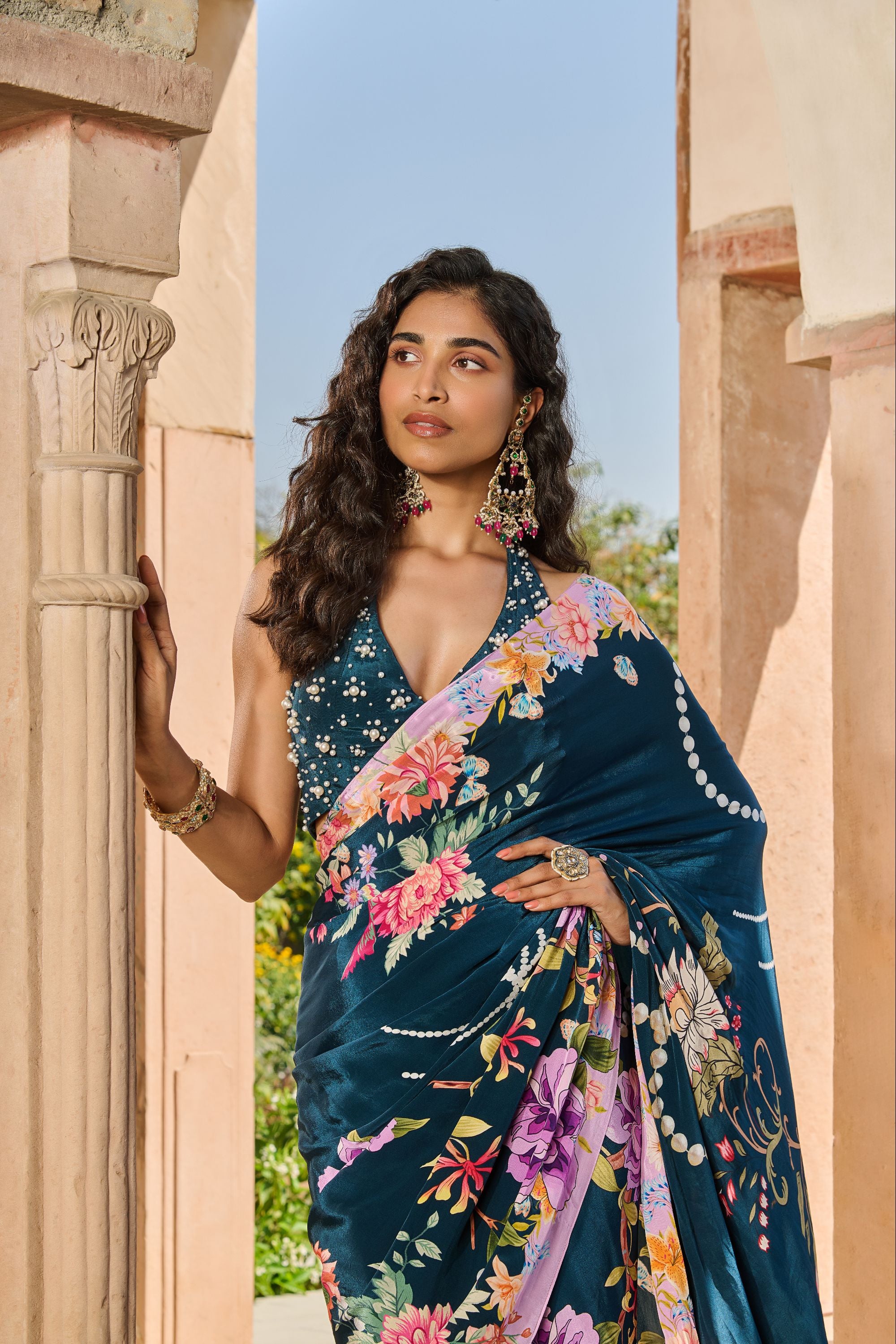 Hand Embelished Blouse with Printed Floral Saree and Petticoat