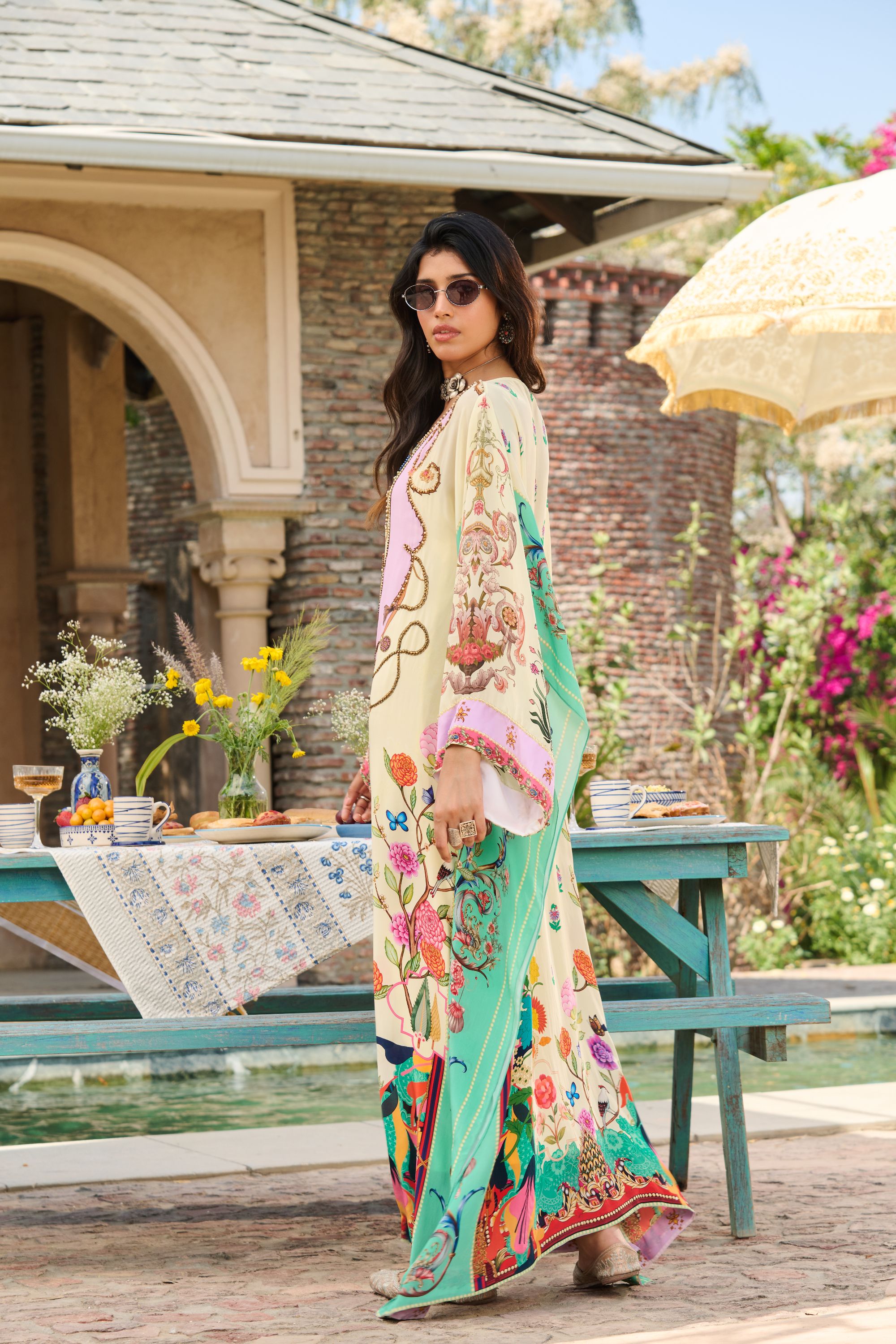 Hand Embelished Printed Kaftan with Slip