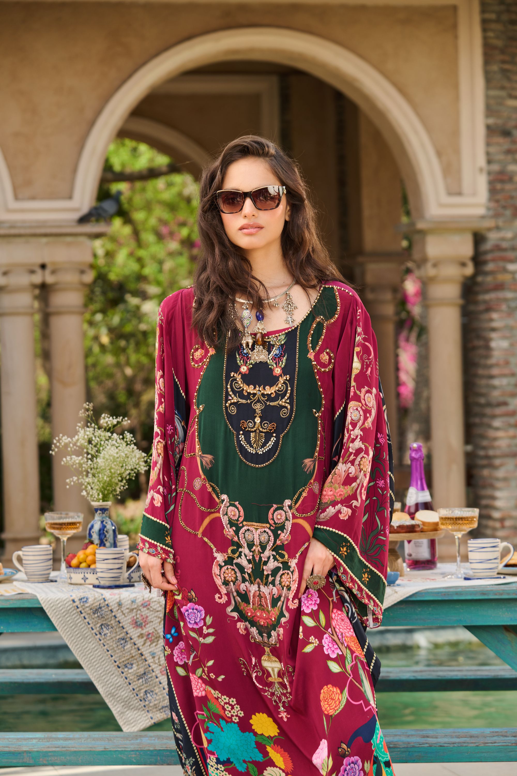 Hand Embelished Printed Kaftan with Slip