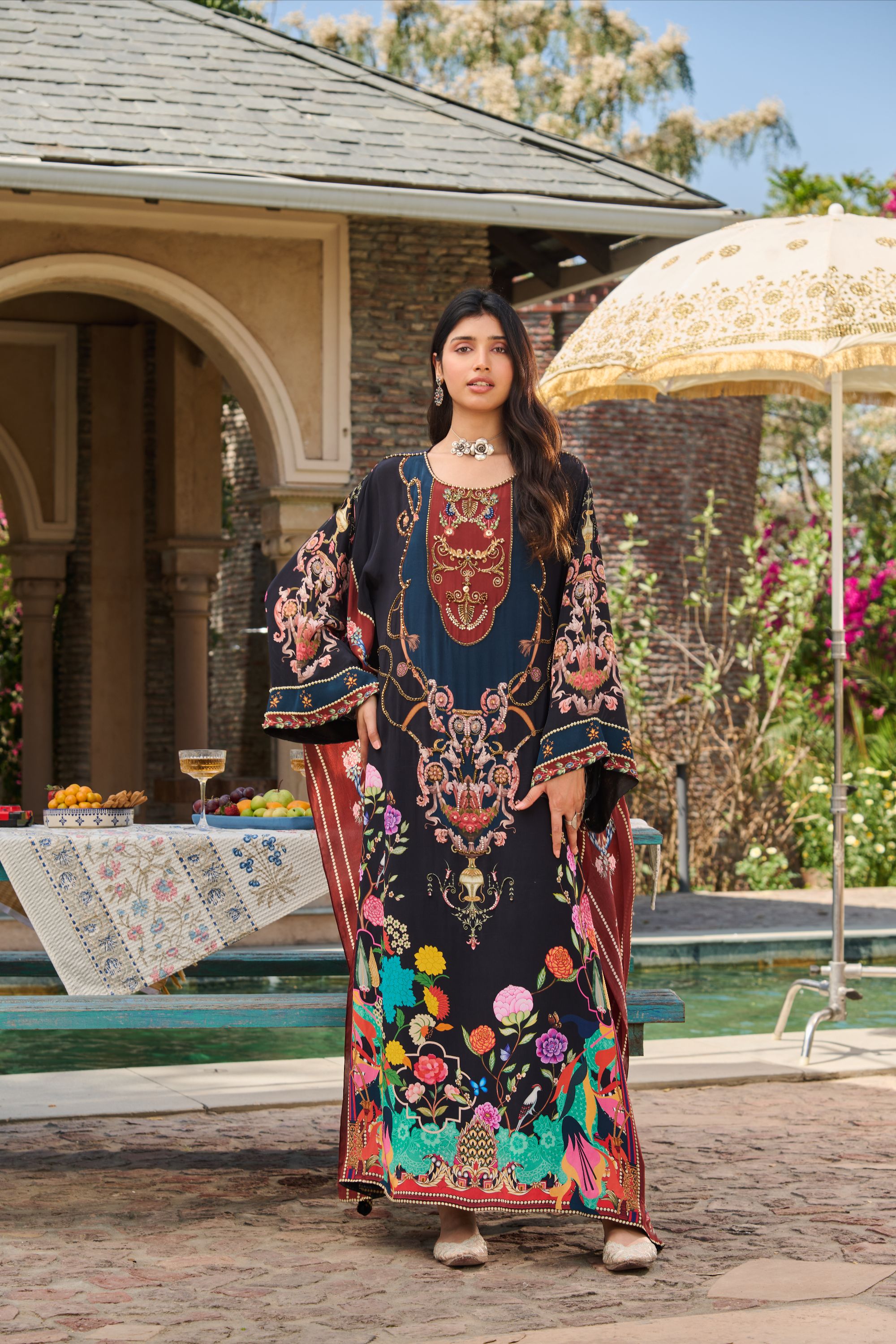 Hand Embelished Printed Kaftan with Slip