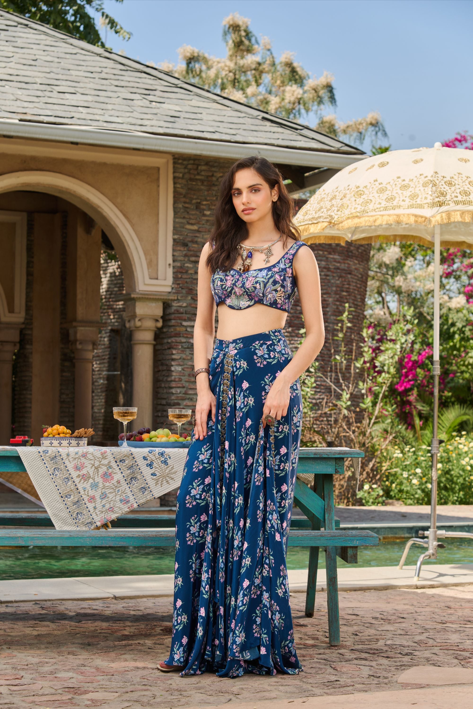Hand Embroidered Co-ord Set with Printed Drape Skirt and Cape