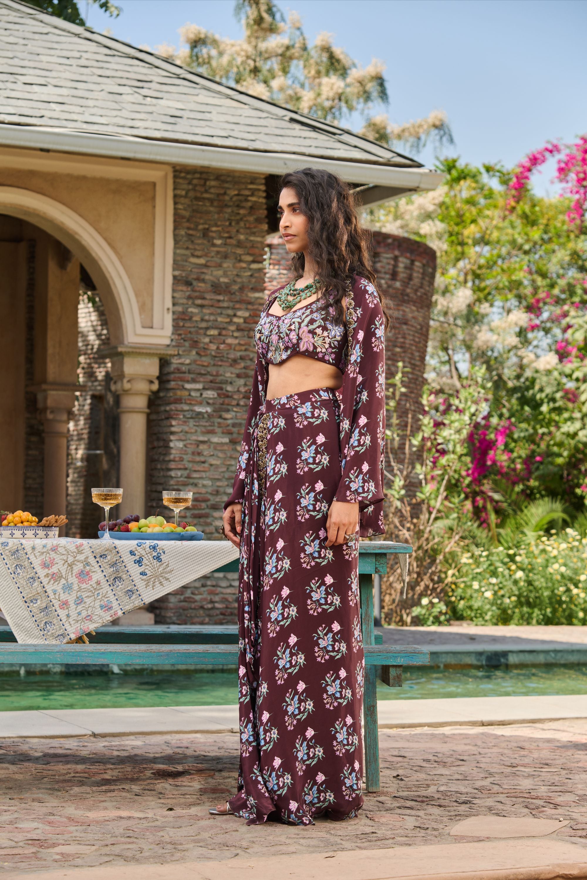 Hand Embroidered Co-ord Set with Printed Drape Skirt and Cape