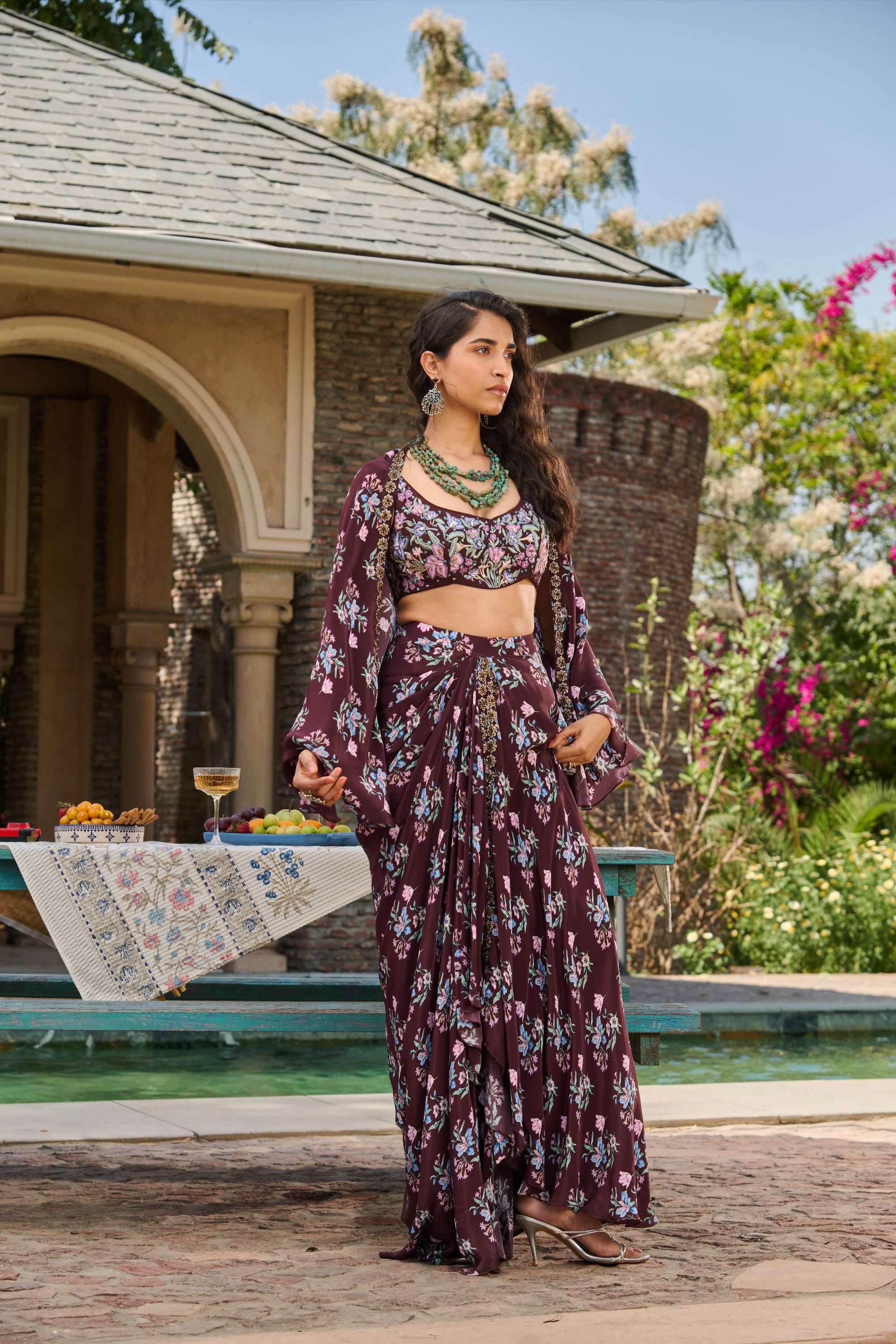 Hand Embroidered Co-ord Set with Printed Drape Skirt and Cape