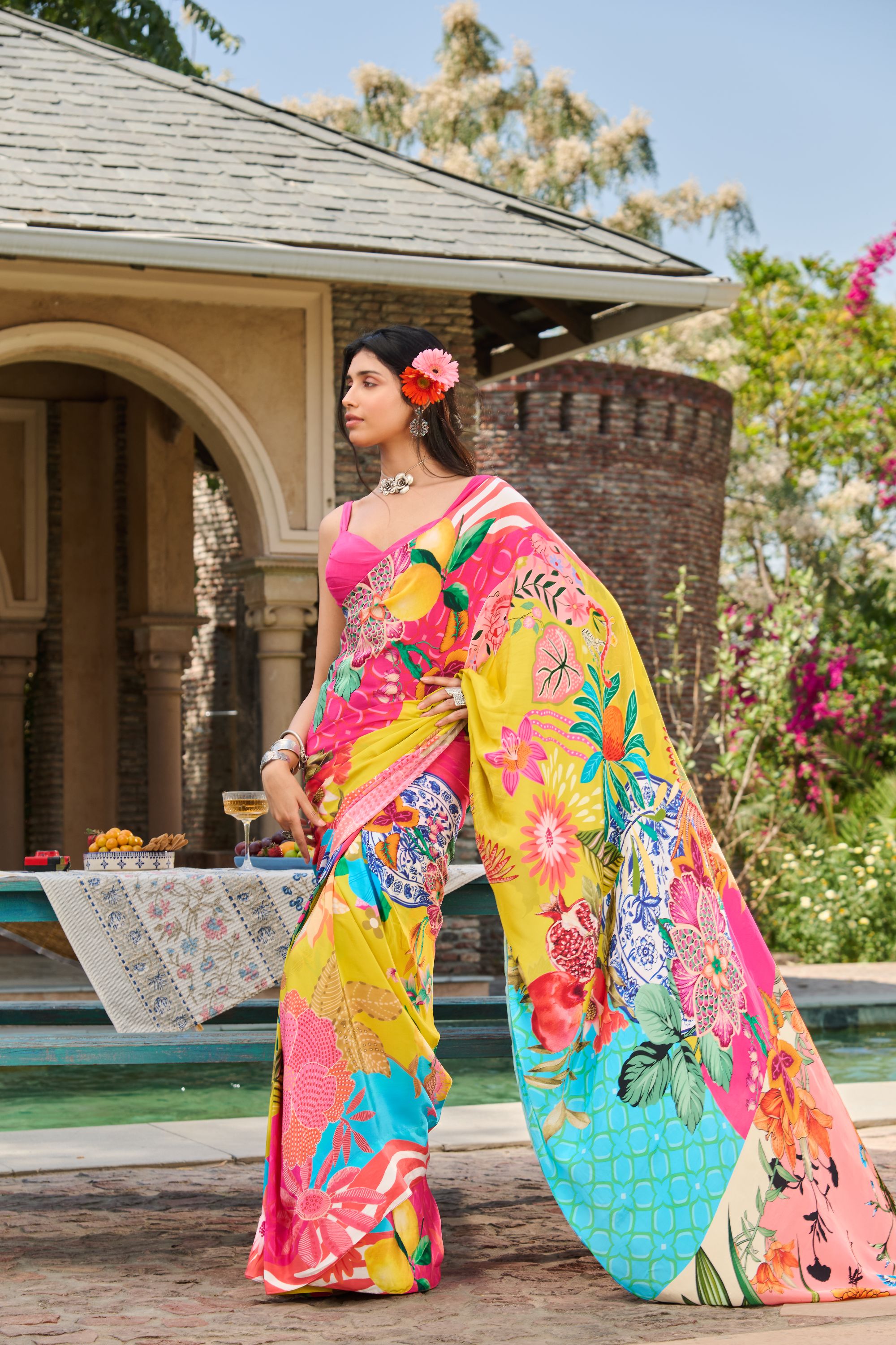 Printed Saree with Haute Pink Pleated Blouse and Petticoat