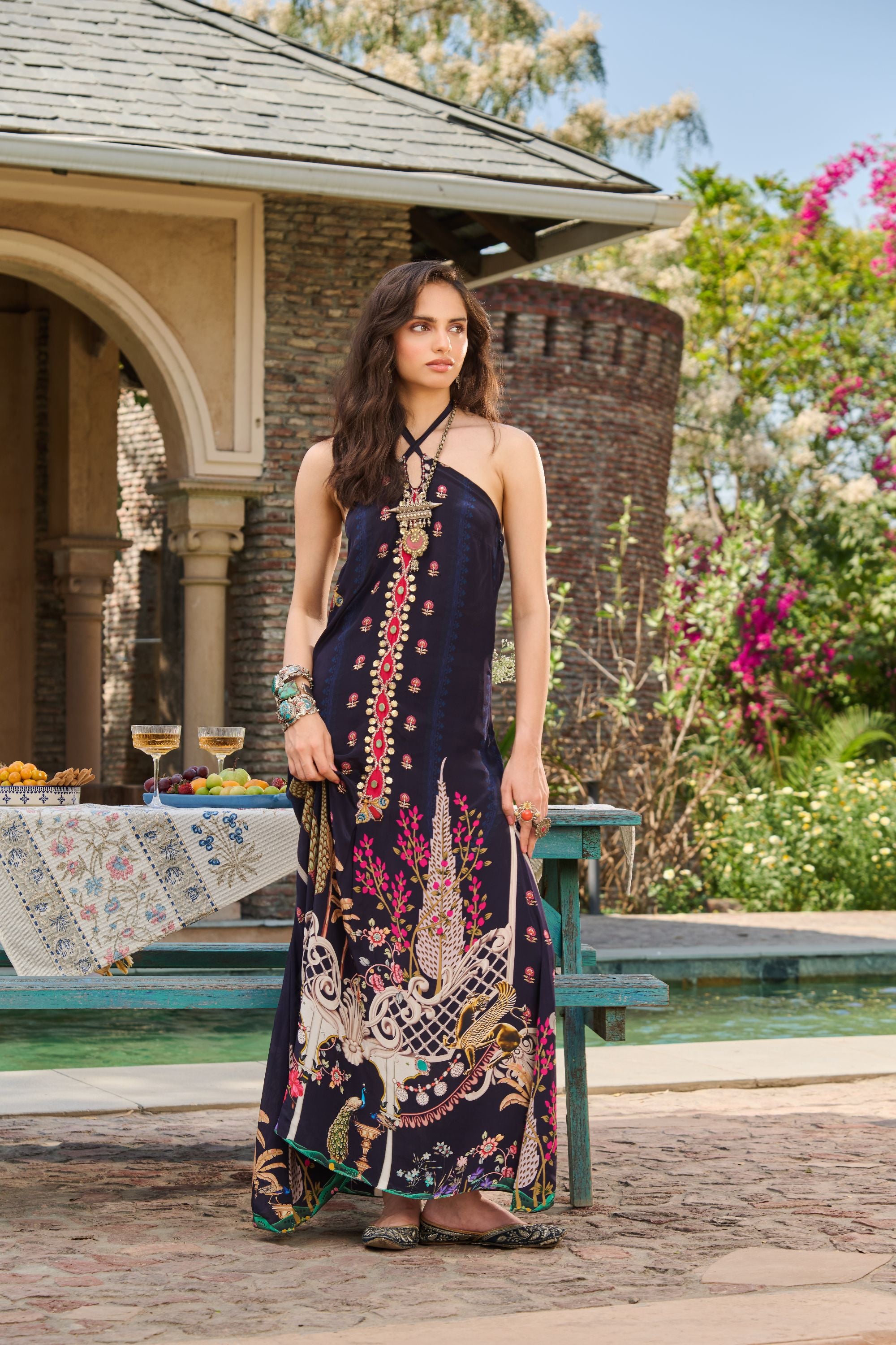 Hand Embelished Cross Halter Printed Kaftan