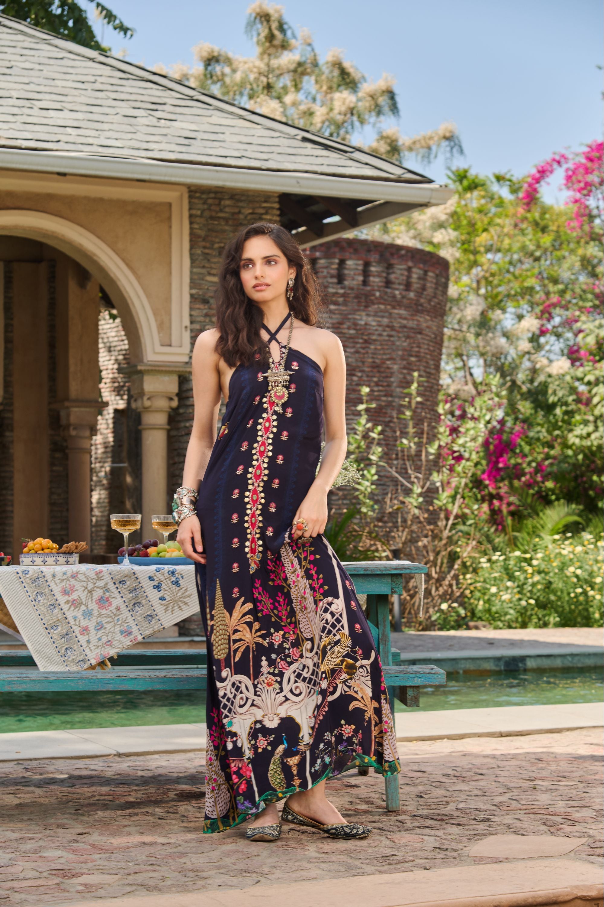 Hand Embelished Cross Halter Printed Kaftan