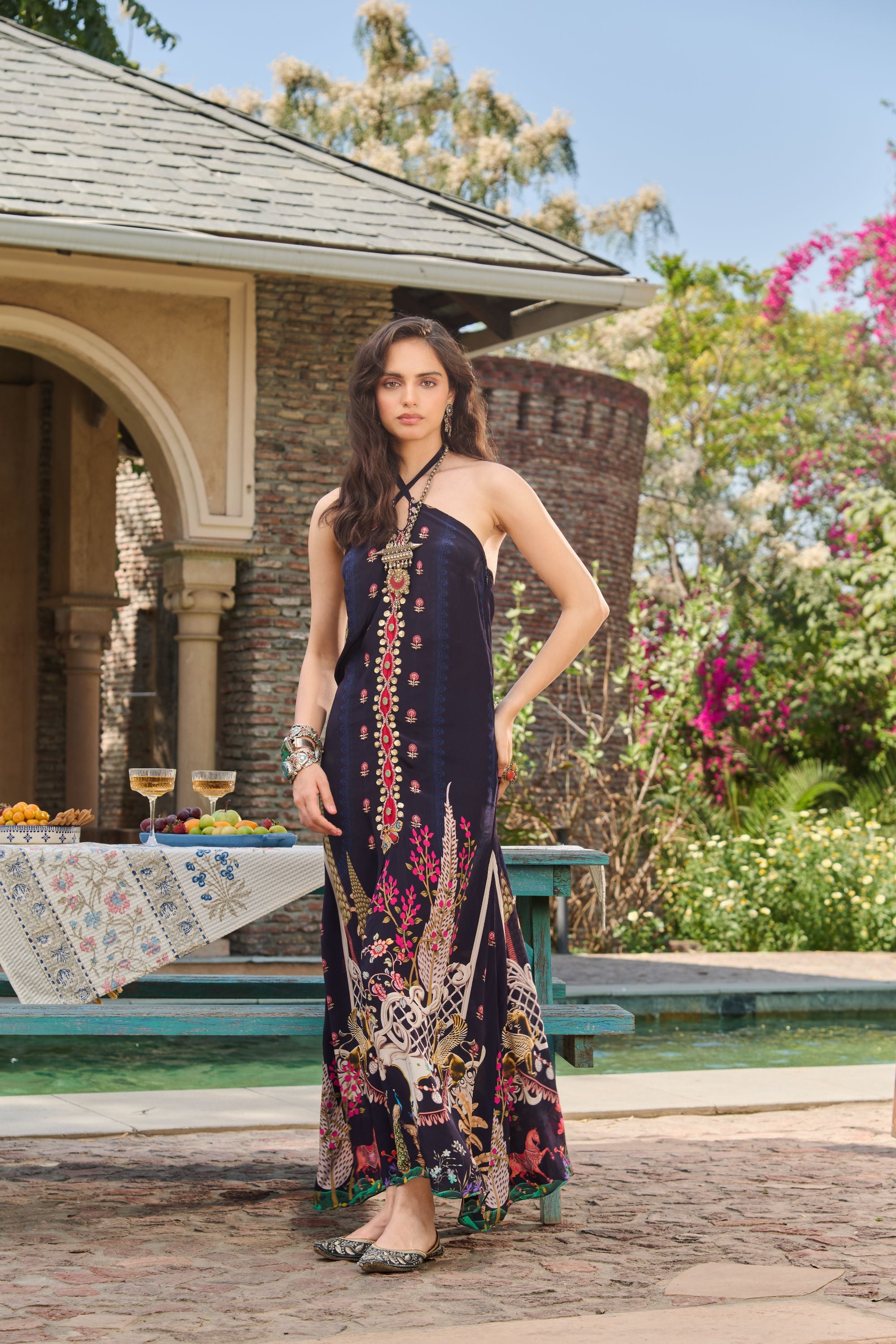 Hand Embelished Cross Halter Printed Kaftan