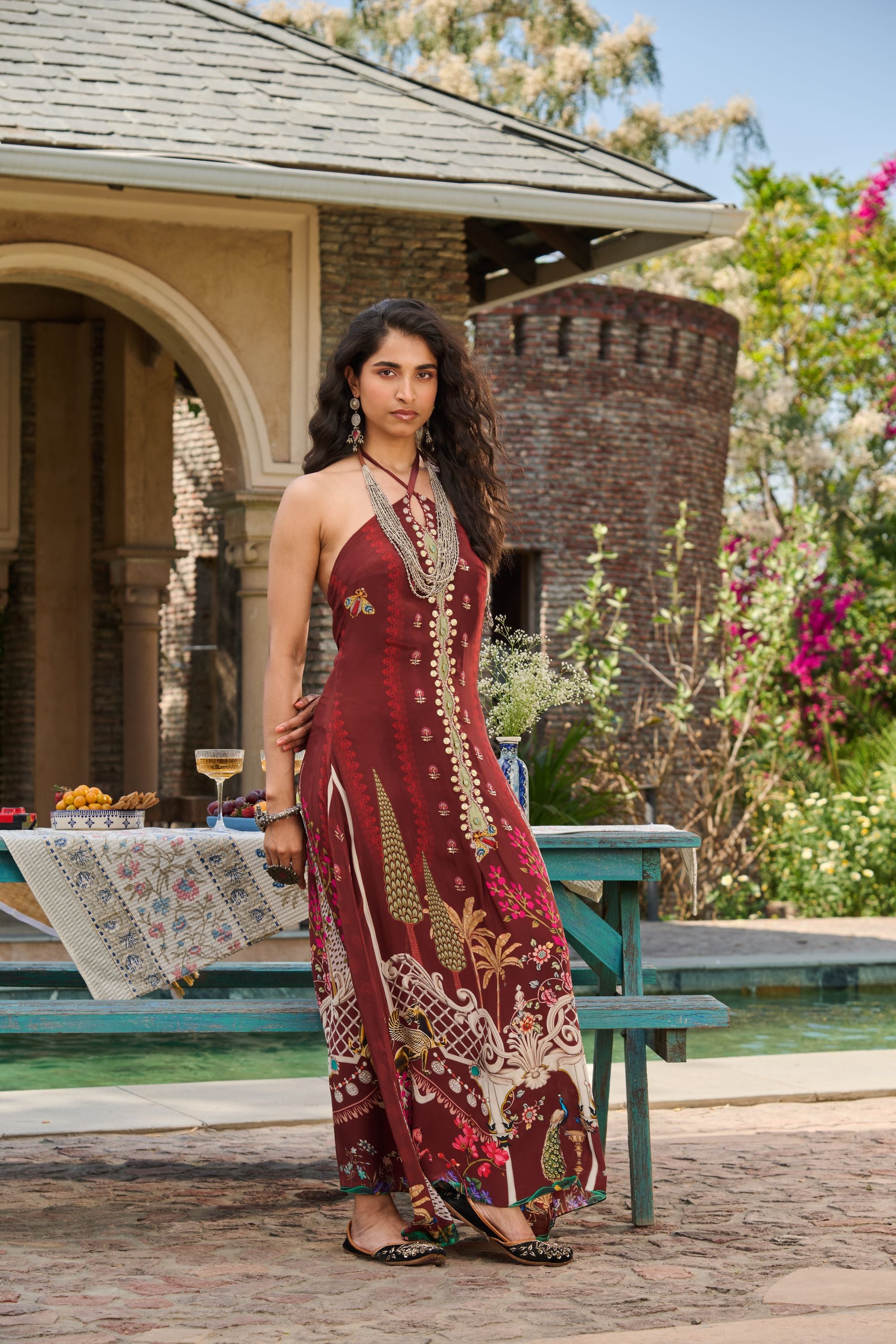 Hand Embelished Cross Halter Printed Kaftan