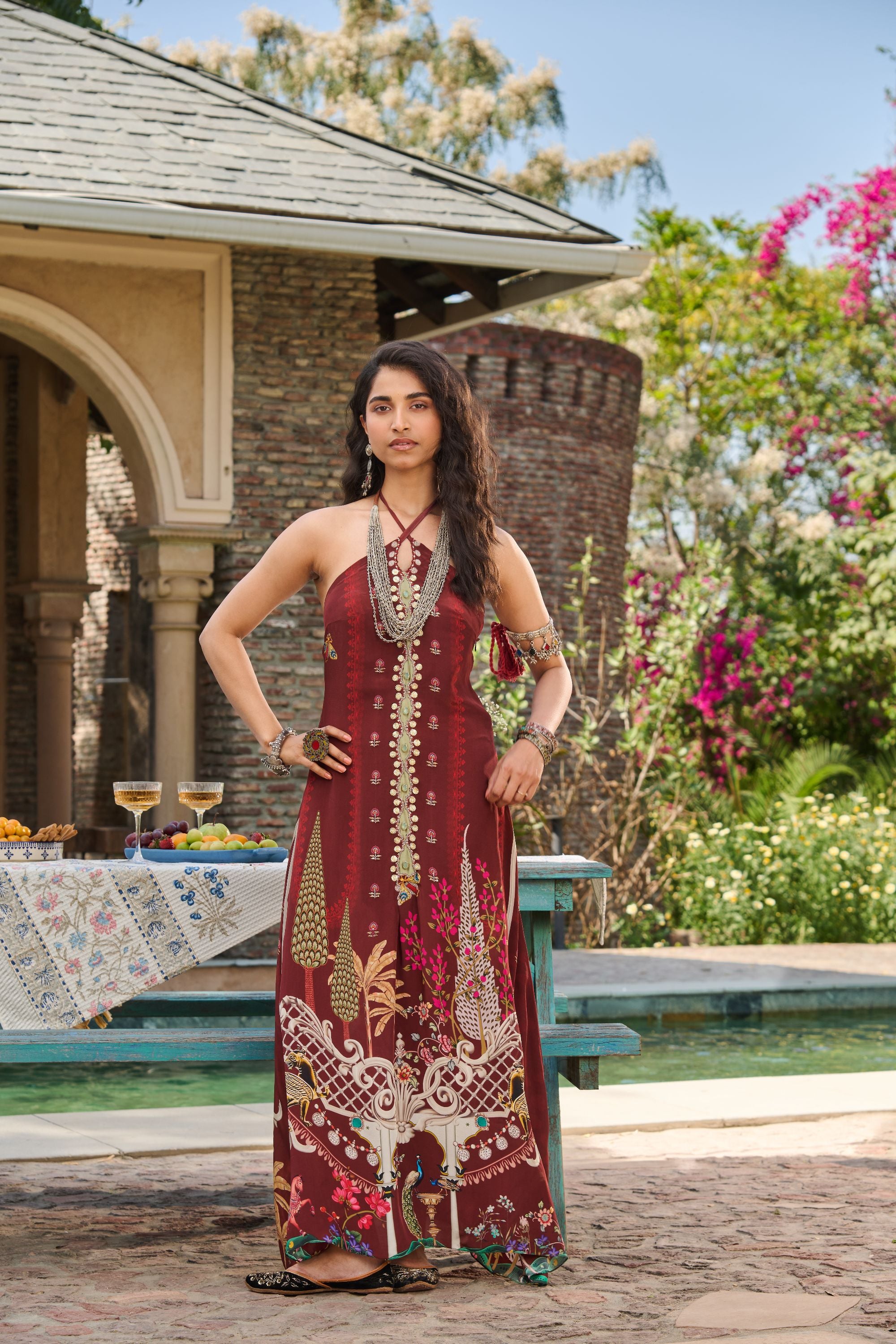 Hand Embelished Cross Halter Printed Kaftan