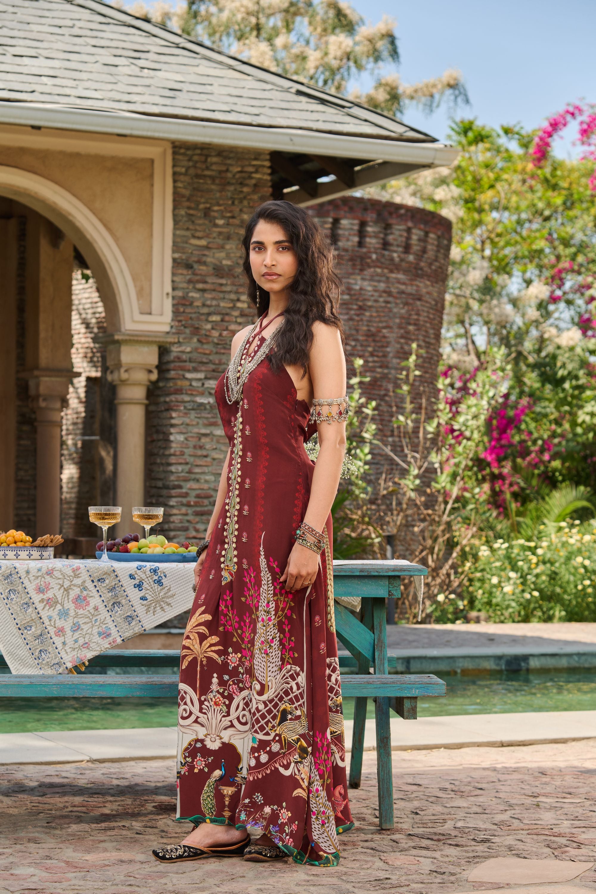Hand Embelished Cross Halter Printed Kaftan
