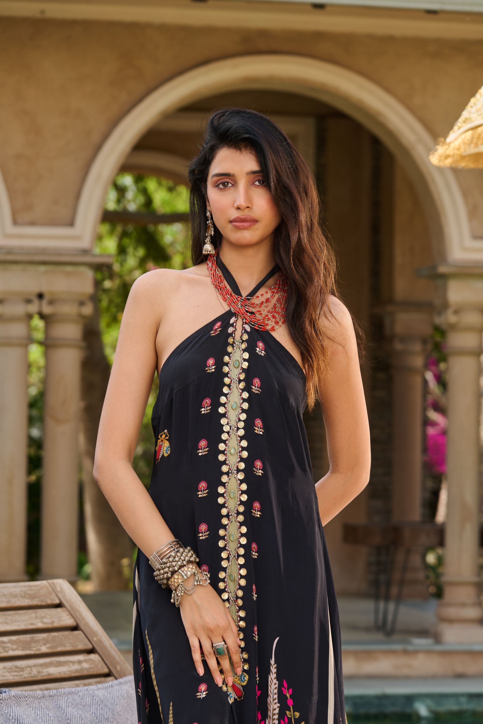 Hand Embelished Cross Halter Printed Kaftan