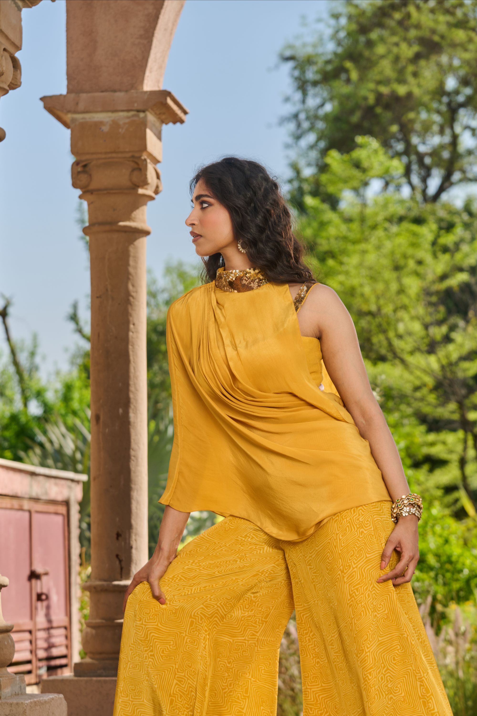 Hand Embroidered Printed Co-ord Set with Drape
