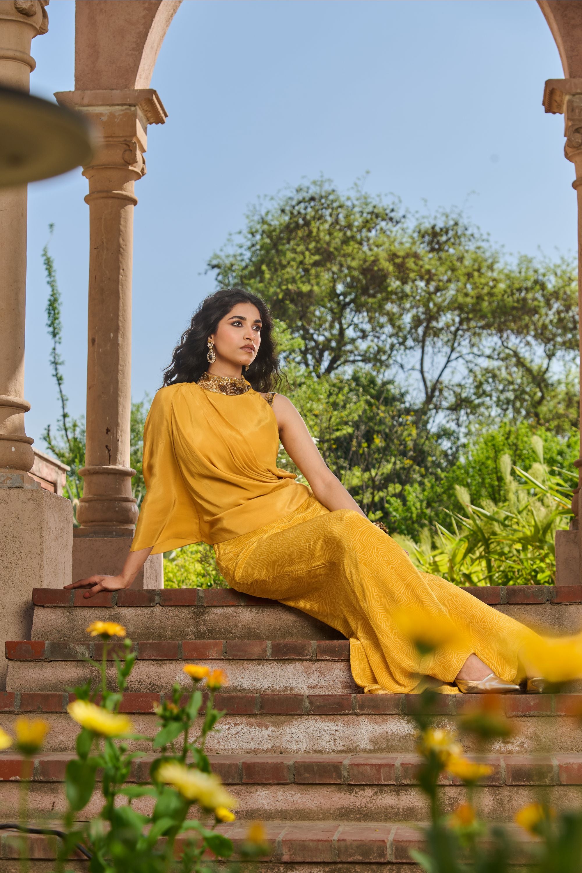 Hand Embroidered Printed Co-ord Set with Drape